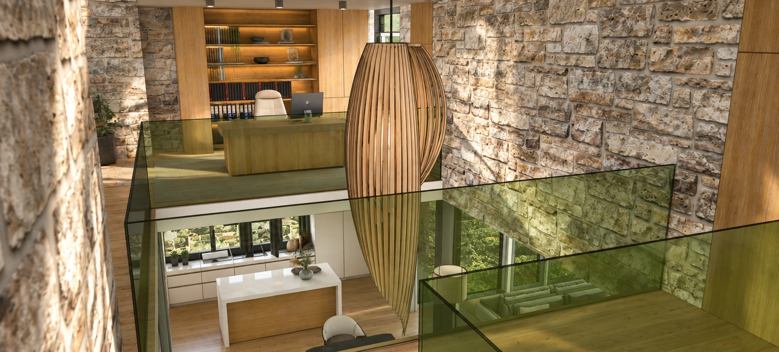 A high-end architectural photograph of the split-level interior illuminated by bright, natural midday daylight. Crisp sun-filled light washes over the textured rough-hewn stone masonry walls and highlights the organic grain of the warm oak cabinetry, bookshelves, and upper desk. The sculptural curved wooden slat chandelier exhibits natural timber textures and soft ambient self-shadowing. The olive-green tinted glass balustrades show realistic light transmission, edge-tinting, and faint surface reflections, while the lower-level kitchen displays balanced matte finishes and soft shadows. Captured with a sharp architectural lens, balancing realistic dynamic range, subtle depth of field, and natural photographic micro-contrast.