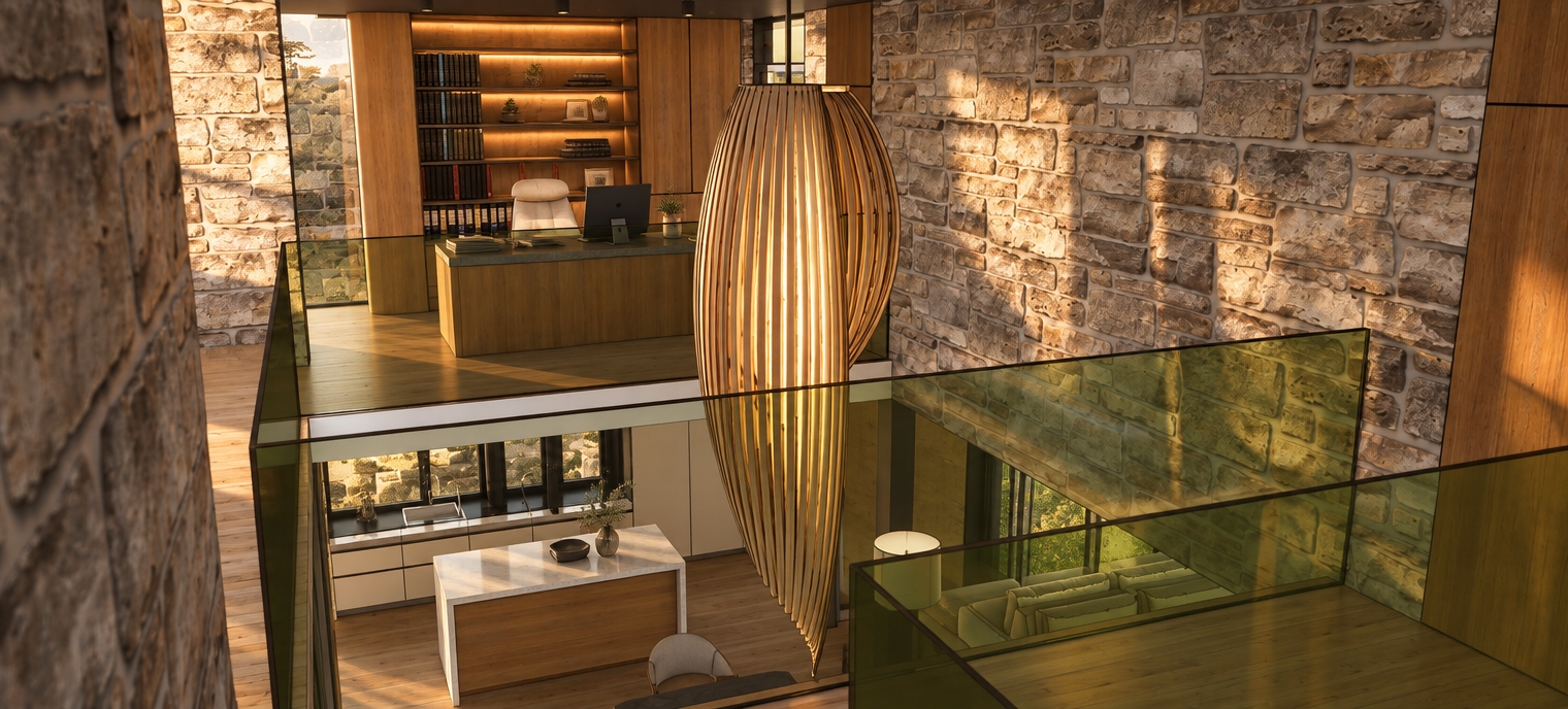 A photorealistic architectural photograph of the scene bathed in warm sunrise light, casting low-angled golden rays and soft, elongated shadows across the textured rustic stone masonry and rich natural wood cabinetry. The elevated perspective remains unchanged, capturing realistic glass refraction and subtle surface reflections across the tinted green balustrades. Soft morning illumination diffuses through the sculptural bentwood slat pendant, highlighting realistic surface micro-textures on the kitchen surfaces and office desk below, with natural depth of field, gentle lens vignetting, and faint atmospheric morning haze.