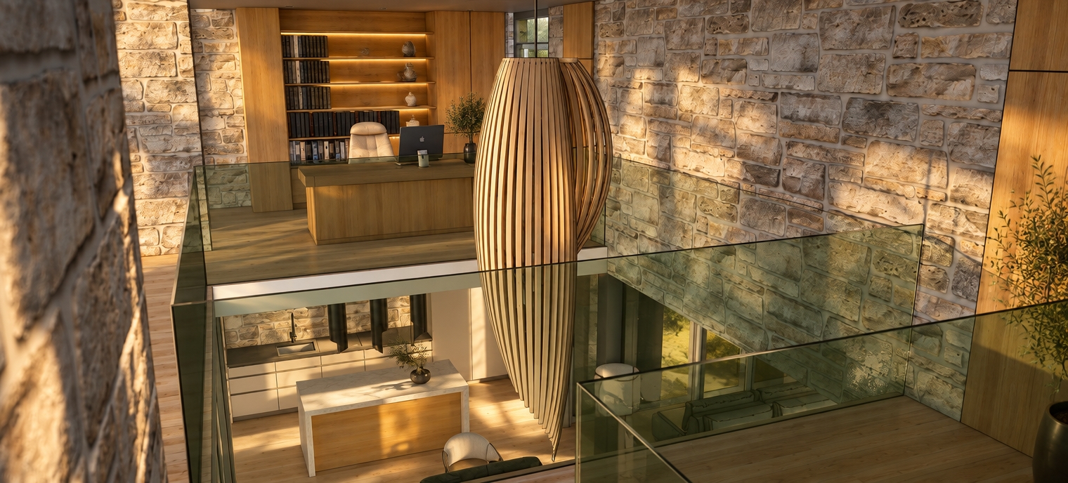 A high-end architectural photograph capturing the two-story interior bathed in warm, low-angled sunrise light. Soft golden morning rays cast long, gentle shadows across the rough-hewn stone masonry and light oak surfaces, emphasizing tactile rock micro-textures and natural wood grain. The sculptural slatted wooden pendant features soft rim lighting, while the green glass railings display realistic environmental reflections, delicate smudges, and natural refraction. Photographed with a professional tilt-shift lens, balanced exposure, accurate material physics, subtle vignetting, and fine natural film grain.