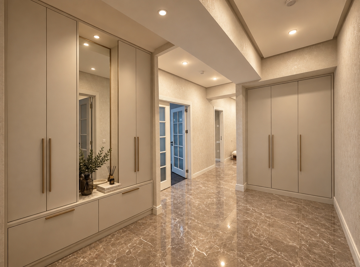 A wide-angle interior photograph of the hallway, retaining the exact architectural layout, recessed ceiling, and polished marble tile flooring, now finished with custom built-in hallway cabinets fitted seamlessly into the left and right recessed alcoves. One of the sleek cabinet units features a tall mirrored panel that cleanly reflects the ambient interior space. The scene is illuminated by soft, recessed ceiling spotlights casting warm 3200K diffused light with gentle specular reflections across the glossy veined stone floor. Captured with sharp focus, realistic micro-textures on the matte wall surfaces, authentic ambient occlusion along the millwork seams, and faint, natural camera sensor grain.