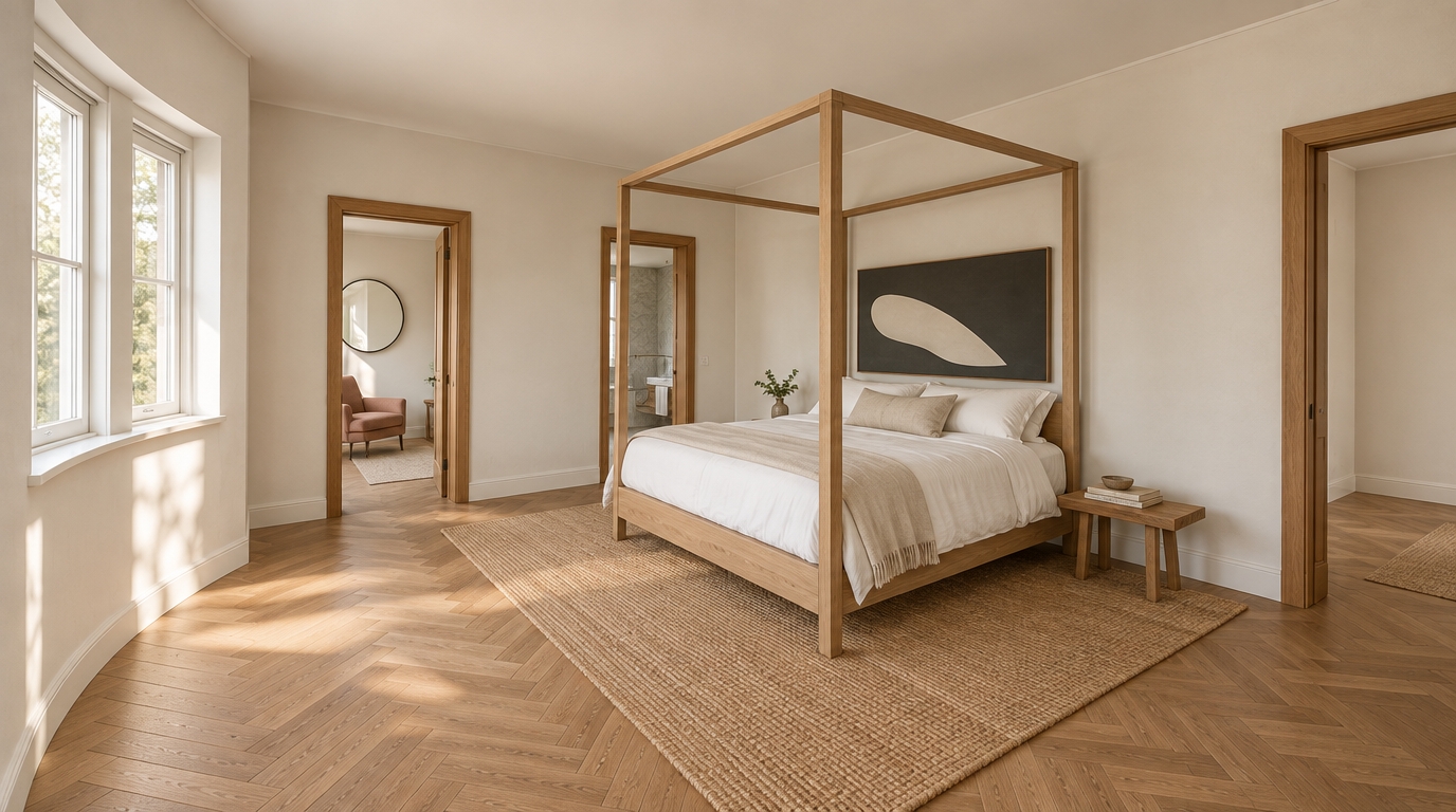 An architectural interior photograph of the bedroom matching the exact composition and geometry, illuminated by soft natural daylight entering through the left-side bay windows with white painted frames. The custom four-poster canopy bed is constructed from light natural oak, dressed in crisp white linen with soft, natural fabric folds, positioned over a woven neutral jute rug atop warm-toned herringbone timber parquet floors. Off-white matte walls catch subtle gradients of light, with the minimalist abstract artwork mounted behind the bed displaying authentic canvas texture. The open doorways reveal the softly lit adjacent spaces, while clean reflections, gentle contact shadows, warm color grading, and subtle 35mm lens depth of field render the space as an authentic, high-end editorial capture.