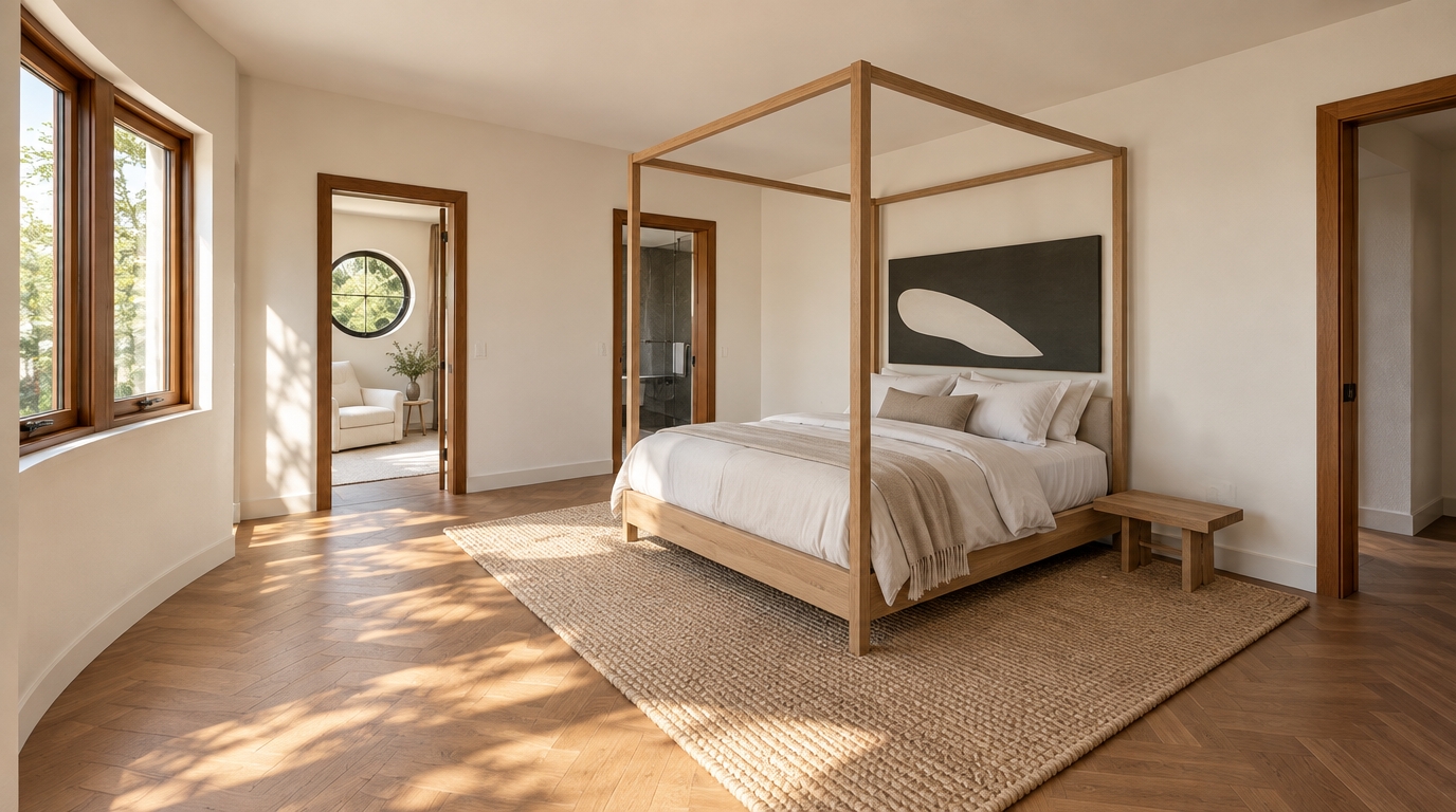 A bright, photorealistic interior photograph of the bedroom captured with a 35mm lens, retaining the exact geometry and perspective. Soft, warm daylight floods through the bay windows on the left, casting natural shadows across warm-toned timber parquet flooring. The central four-poster canopy bed is crafted from smooth light oak, dressed in soft, naturally creased white linens with subtle fabric weave, resting on a textured neutral jute rug. In the background, the open closet doorway reveals a soft cream accent chair and a round window looking out to lush garden foliage, while the wall behind the headboard features the minimalist abstract artwork. Walls are finished in a smooth, matte off-white plaster, highlighted by clean architectural ambient light, realistic ambient occlusion, subtle lens vignetting, and refined interior editorial color grading.