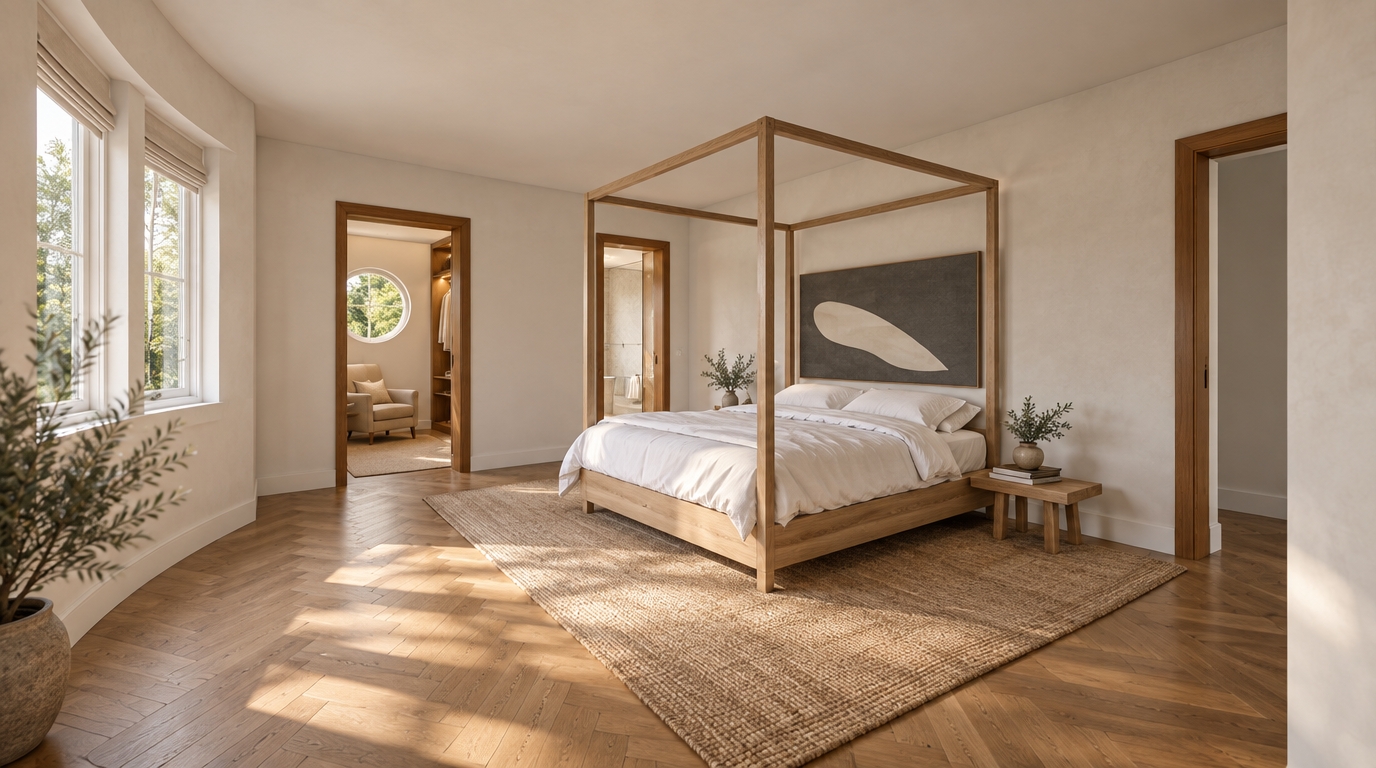 A wide-angle interior photograph shot on a 35mm lens captures this ground-floor bedroom exactly matching the room layout and geometry. Soft, directional morning daylight floods through the white-framed bay windows on the left, casting realistic, diffused shadows across the warm timber parquet floor. The minimalist four-poster canopy bed is built from natural light oak and dressed in crisp, rumpled white linen sheets and pillows, resting atop a thick, textured neutral jute rug. On the wall behind, a dark grey accent panel displays abstract minimalist artwork. Smooth, matte off-white plaster walls reveal subtle surface texture. Through the open doorway on the left, a walk-in closet is softly illuminated, revealing an accent chair and a circular window framing lush garden greenery outside. The lighting is balanced and warm, featuring clean highlights, natural global illumination, and subtle photographic lens falloff.