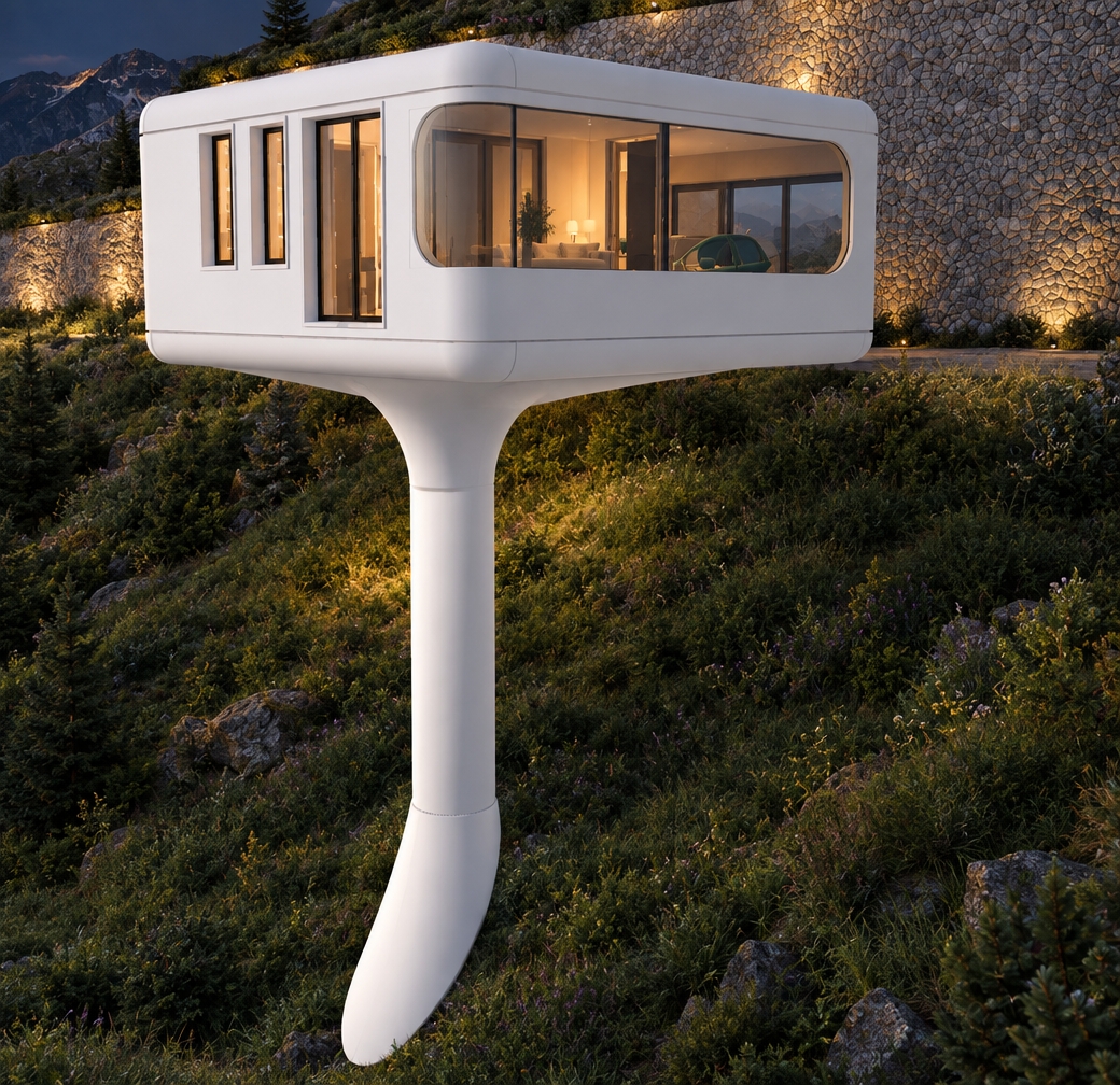 An incredibly lifelike, richly detailed, photorealistic wide-angle architectural shot of a sleek, cantilevered minimalist residence floating above a verdant, sloping mountainside, set in a serene summer night environment. The scene is illuminated by the soft, warm ambient glow emanating from the interior living space, which reflects subtly against the expansive, seamless floor-to-ceiling glass corner windows, creating a tranquil, sophisticated atmosphere. Captured with a 24mm tilt-shift lens to emphasize the crisp, matte-white composite finish of the structure and the smooth, organic curvature of the central supporting pylon, the composition highlights the dramatic architectural suspension against a backdrop of rugged, illuminated stone retaining walls and lush, textured hillside grasses. The exterior landscaping is enhanced with subtle, natural foliage—wild mountain grasses, clusters of hardy alpine shrubs, and dark, silhouette-like shadows that ground the floating structure in its wild, rocky terrain. The interior living room is hinted at with elegant, modern furnishings visible through the glass, while the deep indigo of the night sky adds a sense of immense scale and quiet isolation, with high-definition rendering quality capturing the sharp edges of the window frames and the subtle, porous texture of the stone wall behind, producing a clean, futuristic aesthetic that perfectly balances avant-garde structural engineering with organic natural beauty.