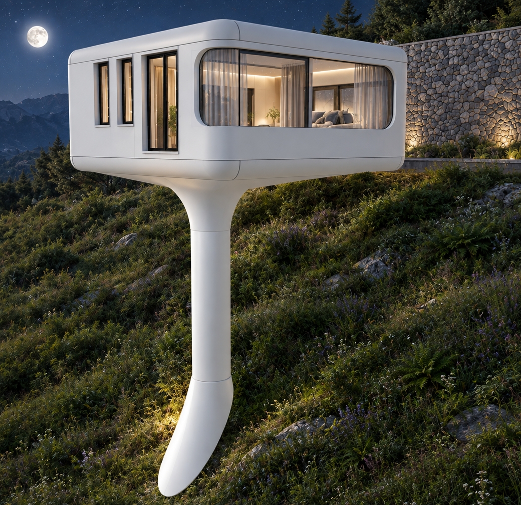 An incredibly lifelike, richly detailed, photorealistic wide-angle exterior shot of a futuristic cantilevered residence hovering above a lush, moonlit mountainside. The scene is illuminated by the soft, ethereal glow of a full summer moon and the warm, ambient light spilling from the interior living space, creating a serene, minimalist atmosphere. Captured with a Phase One XF IQ4 150MP camera and a 35mm wide-angle lens, the image emphasizes the stark contrast between the pristine, matte white composite shell of the structure and the deep black finish of the sleek window frames and door casings. Large, floor-to-ceiling curved glass panels reveal a sophisticated interior featuring sheer, floor-length light-grey modern curtains that dance gently in the night breeze. Below the floating volume, the gravity-defying tapered pedestal anchors seamlessly into a vibrant, dew-kissed hillside carpeted in wild alpine grasses, native lavender, and clustered ferns, while a rugged dry-stack stone retaining wall borders the upper terrace. The composition balances the weightlessness of the architecture against the textured, organic complexity of the mountain terrain, with subtle, crisp reflections of the stars dancing across the expansive glass surfaces, grounding the avant-garde design in a breathtaking, tranquil wilderness setting.