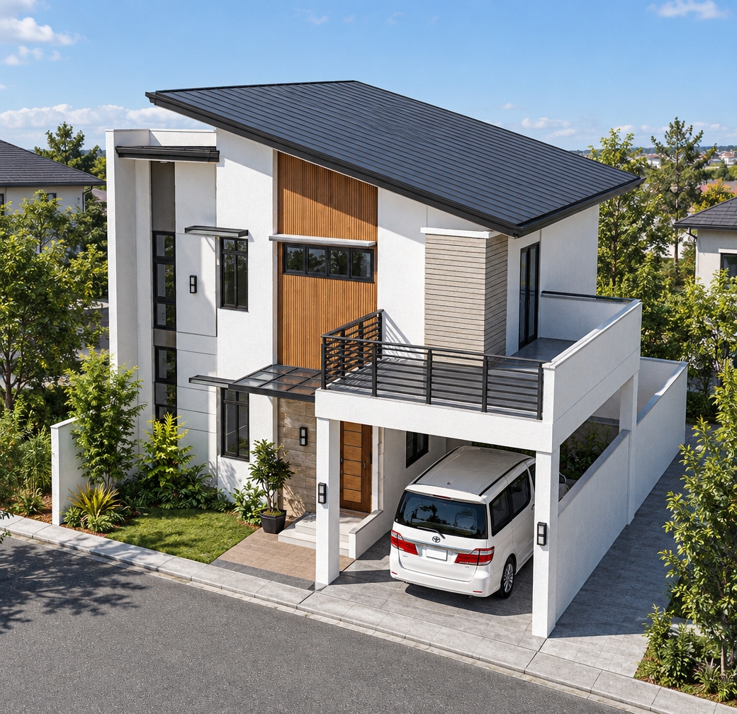 A crisp architectural photograph capturing the exact modern home and parked white minivan under bright, direct midday sunlight, precisely preserving the elevated perspective and structural geometry. High-overhead sunlight casts sharp, defined shadows beneath the eaves, cantilevered balcony, and carport. Building materials feature authentic physical textures, including fine-grained matte white stucco, warm vertical timber cladding, a dark standing-seam roof, and realistic reflections across the vehicle's glossy body and window glass. The front garden displays natural grass and lifelike foliage, complemented by realistic concrete pavers on the driveway and asphalt road textures under neutral, clear-sky daylight.