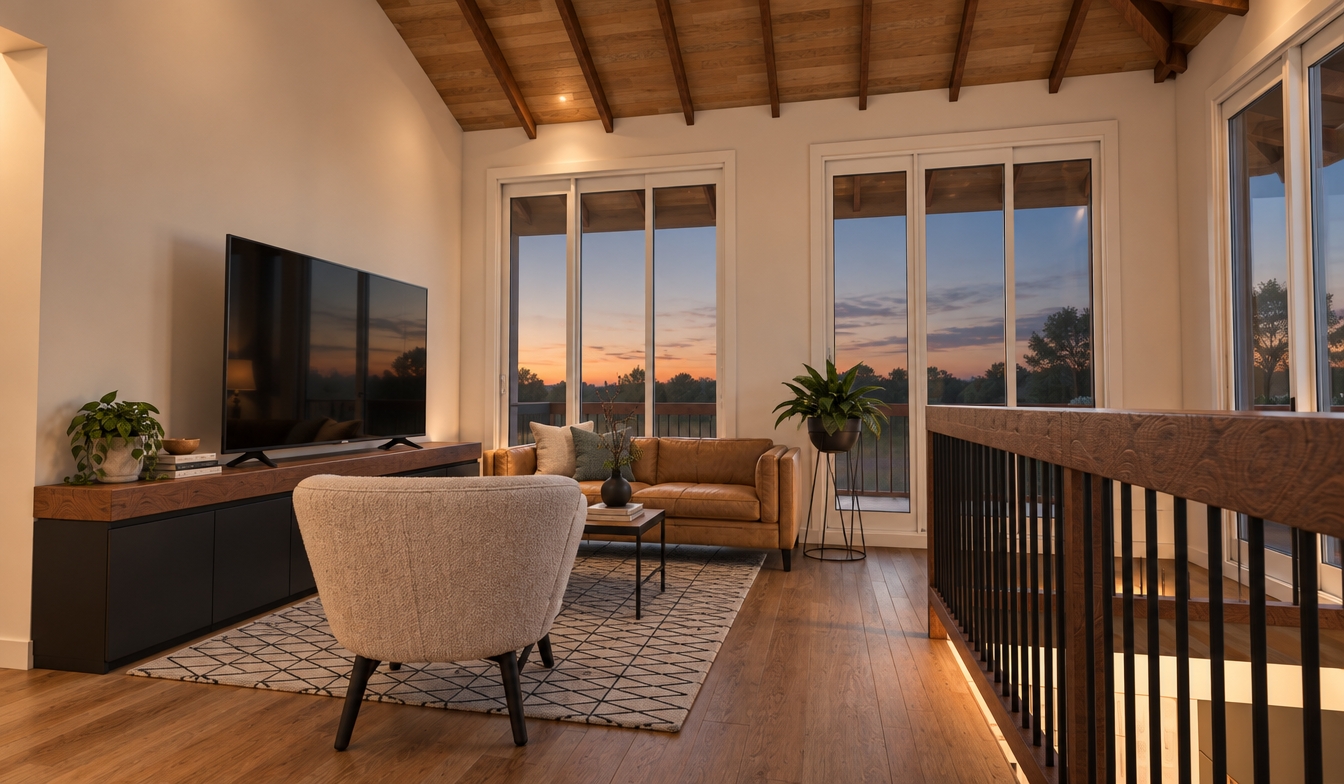 A photorealistic interior photograph of this second-floor loft living space, strictly preserving the exact geometry, perspective, and furniture placement. Warm ambient indoor light mingles with soft evening light filtering through the large sliding glass doors, creating subtle reflections across the television screen and glass panels. Authentic material textures define the scene, from the natural grain of the exposed timber ceiling beams and hardwood flooring to the supple creases of the tan leather sofa, woven fabric armchair, and patterned rug. The foreground railing features a rich dark wood cap and matte black balusters, captured with balanced exposure, gentle shadows, and clean photographic clarity.