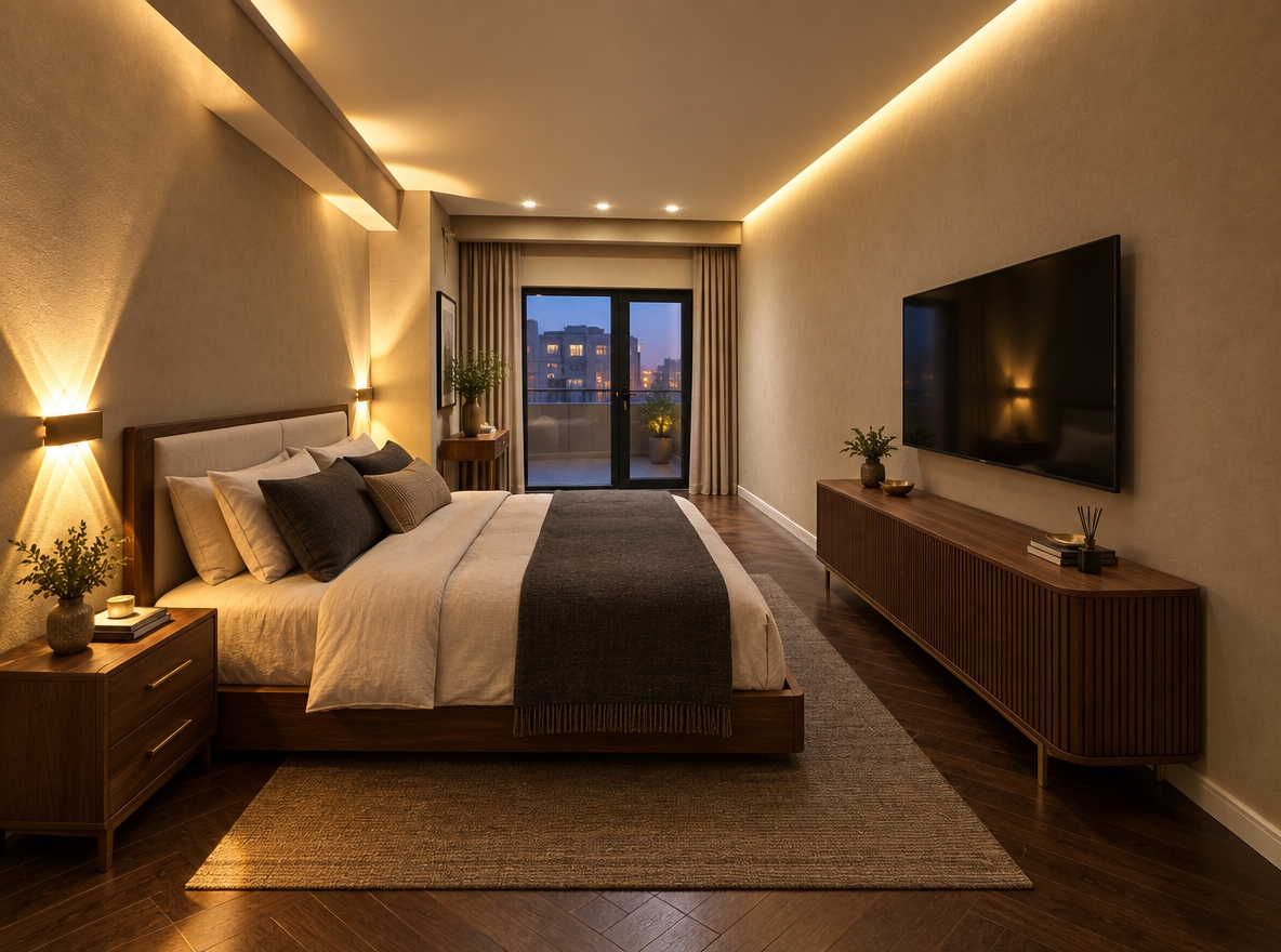 An incredibly lifelike, richly detailed, photorealistic wide-angle interior shot of a master bedroom designed with contemporary elegance set in a luxurious urban apartment. The scene is illuminated by glowing recessed ceiling cove lights, architectural bi-directional wall sconces casting golden light patterns, and soft evening twilight filtering through the far glass balcony doors, creating a warm, deeply relaxing, and sophisticated atmosphere. Captured with a full-frame mirrorless camera and a 24mm tilt-shift lens, emphasizing the tactile plaster walls, dark chevron timber floors, and rich wood finishes. Anchoring the left wall beneath the dramatic sconce lighting sits a refined walnut-framed platform bed dressed in layered ivory and charcoal linen bedding, flanked by a matching minimalist nightstand with brushed brass hardware. Near the far glass doorway, a sleek wooden console table rests gracefully, while across the room on the right wall, a low-profile, fluted walnut TV stand sits beneath a wall-mounted television, perfectly balancing the space's elongated proportions with functional luxury and tailored modern charm.