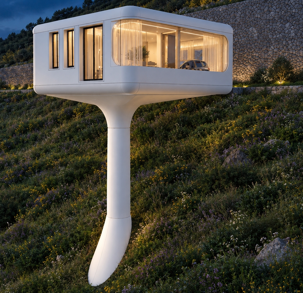 An incredibly lifelike, richly detailed, photorealistic wide-angle architectural shot of a gravity-defying, minimalist white villa cantilevered dramatically over a lush, steep mountain slope, set in a serene summer night environment. The scene is illuminated by the soft, warm golden glow emanating from the floor-to-ceiling glass-walled living room, creating a sophisticated and tranquil atmosphere that contrasts beautifully with the deep, cool blues of the twilight sky. Captured with a Phase One XF IQ4 150MP camera and 35mm lens, the rendering emphasizes the pristine, matte white finish of the smooth, aerodynamic hull and the seamless transition of the structural pedestal rooted deep into the vibrant, dew-kissed terraced hillside. Inside the open-plan living space, elegant, diaphanous sheer curtains diffuse the interior light, casting gentle silhouettes, while a sleek luxury vehicle sits parked on the refined interior flooring, visible through the expansive wraparound glazing. The surrounding mountain landscape is meticulously detailed with dense clusters of native wildflowers and wild grasses swaying in the night breeze, while a textured, natural stone retaining wall stands firm against the rising terrain in the background, all captured with a shallow depth of field that highlights the crisp geometric precision of the architecture against the soft, organic backdrop of the wilderness.