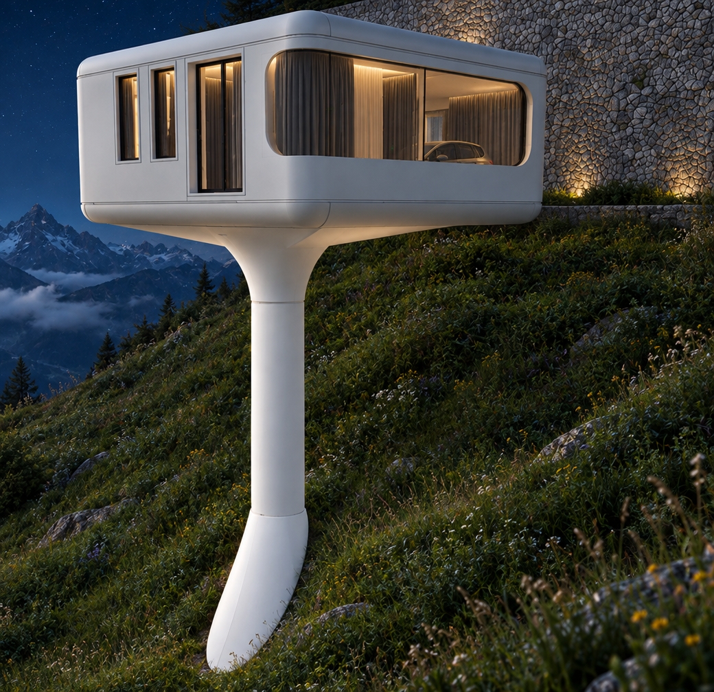 An incredibly lifelike, richly detailed, photorealistic wide-angle exterior shot of a futuristic cantilevered residence suspended over a lush, steep mountain slope at night, set in a secluded alpine environment. The scene is illuminated by the soft, warm ambient glow emanating from within the living space, creating a serene, minimalist haven atmosphere that contrasts beautifully against the cool, deep blue tones of a clear summer night sky. Captured with a Phase One XF IQ4 150MP camera and a 35mm lens, the rendering emphasizes the smooth, matte-white finish of the aerodynamic structure, the crisp reflections on the expansive wrap-around glazing, and the intricate texture of the hand-laid stone retaining wall embedded into the hillside. Inside, the subtle silhouette of a sleek modern vehicle is visible, framed by elegant, floor-to-ceiling opaque charcoal curtains that provide a sense of luxury and privacy. The foreground is alive with hyper-realistic, native wildflowers and tall mountain grasses swaying in the light breeze, while the distant, mist-covered mountain peaks fade into the starlit horizon, grounding the gravity-defying architecture in a breathtaking, rugged landscape.