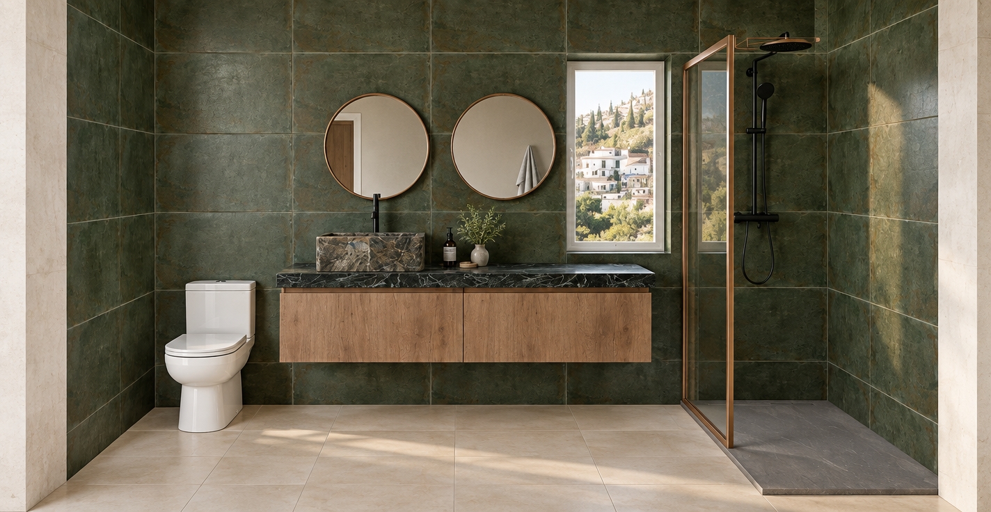 A straight-on architectural photograph capturing the exact bathroom scene with authentic material fidelity. Natural daylight streams softly through the rectangular window, creating gentle gradients across the textured dark green ceramic wall tiles and matte floor tiles. The floating vanity reveals rich, natural wood grain beneath a polished dark marble countertop and chiseled stone vessel sink, with accurate contact shadows grounding each fixture. Twin circular mirrors reflect crisp ambient light, complementing the clear glass shower enclosure framed in brushed copper with matte black hardware. Captured with a neutral 35mm perspective, balanced exposure, nuanced surface reflections, and subtle photographic grain to deliver an authentic, high-end interior photograph.