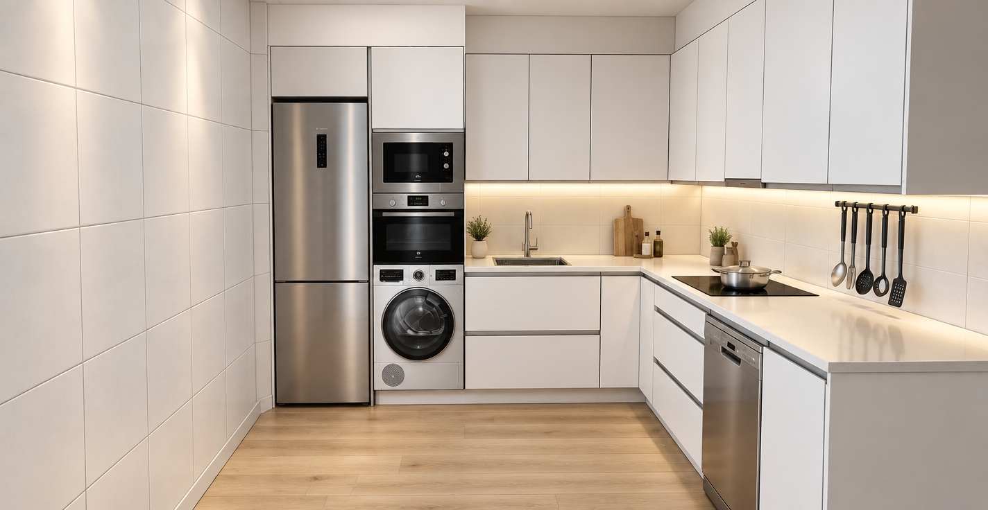 A photorealistic architectural photograph of the kitchen, preserving the exact layout, geometry, and appliance arrangement. Integrated under-cabinet LED strip lights cast a clean, warm glow across the pale countertops and white tiled backsplash. Materials feature smooth matte white cabinetry, realistic light oak wood plank flooring, and brushed stainless steel appliances with subtle metallic reflections. Soft ambient room light combines naturally with the linear LED task lighting, creating gentle contact shadows, authentic depth, and crisp surface micro-textures throughout the space.