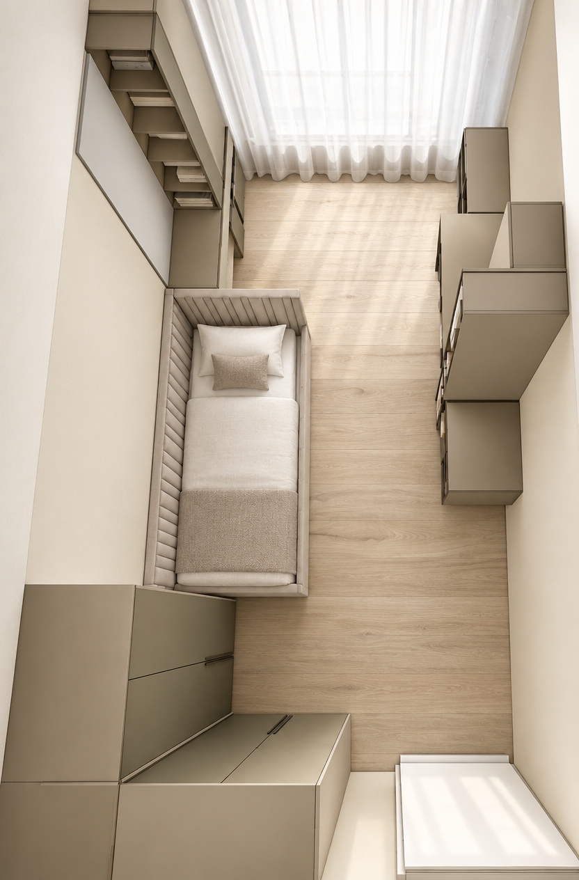 An incredibly lifelike, richly detailed, photorealistic top-down perspective shot of a serene, contemporary bedroom set in a sun-drenched apartment. The scene is illuminated by soft, diffused midday light filtering through delicate floor-to-ceiling sheer curtains, creating a calm, minimalist atmosphere. Captured with a 35mm wide-angle lens, the composition emphasizes the clean lines and harmonious balance of the custom cabinetry. A single bed, featuring plush, upholstered soft-touch headboards and side panels in a muted sand tone, anchors the room. The flooring consists of high-quality, wide-plank light oak with a subtle, natural grain, while the integrated storage units—finished in a sophisticated blend of matte greige and warm beige—are flush with the walls, showcasing a seamless, built-in aesthetic. The spatial relationship between the bed, the wall-mounted shelving, and the storage wardrobe is meticulously organized, highlighting a functional yet elegant layout that maximizes the compact footprint. The textures of the upholstery and the smooth, satin-matte surfaces of the woodwork appear remarkably tactile, brought to life by the gentle glow of natural light reflecting off the floor.