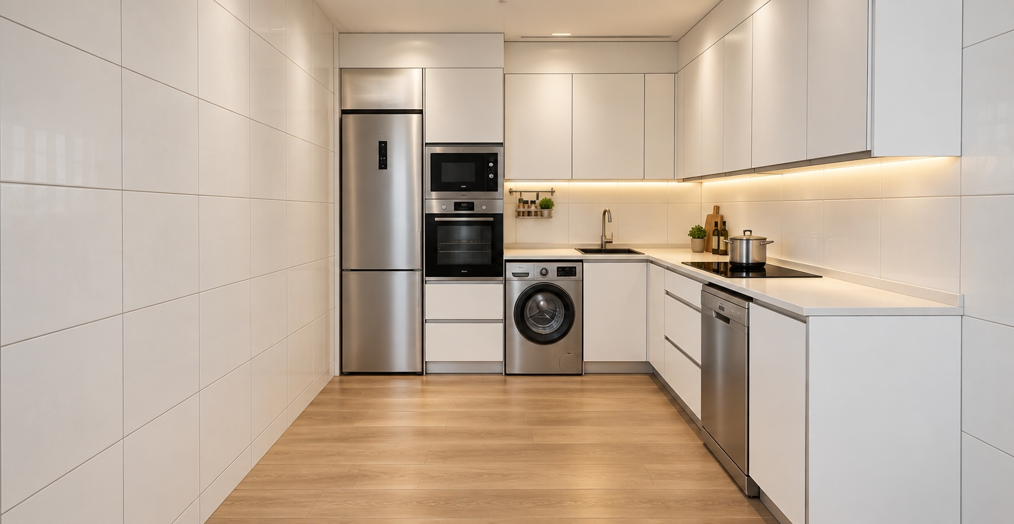 A crisp, photorealistic architectural photograph of this modern kitchen, preserving the exact layout, camera angle, and perspective. The matte white cabinetry, white ceramic wall tiles with subtle grout lines, light wood plank flooring, and brushed stainless steel appliances are rendered with authentic surface textures and realistic reflections. Integrated warm LED strip lighting runs seamlessly underneath the upper wall cabinets, casting a soft, functional glow across the countertops, sink, and backsplash, complemented by balanced ambient lighting with natural shadows and sharp photographic clarity throughout.
