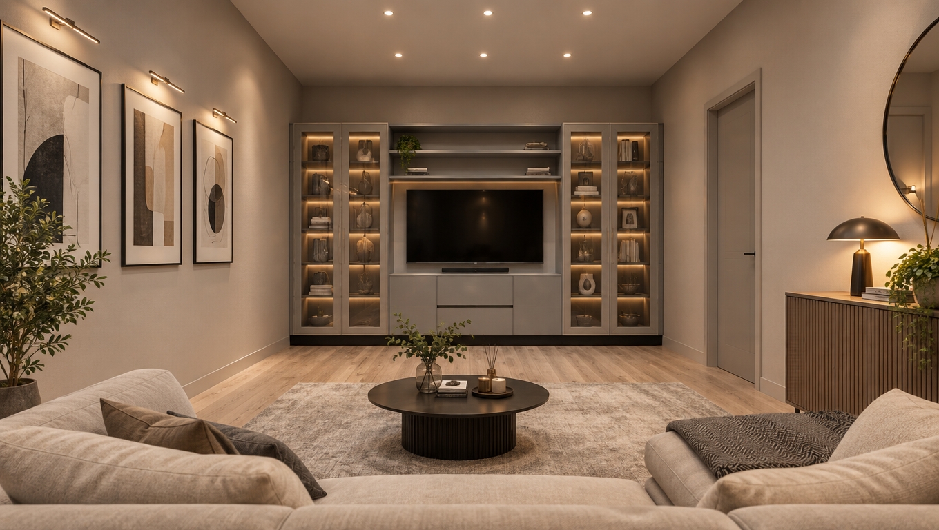 An incredibly lifelike, richly detailed, photorealistic wide-angle shot of a sophisticated living room set in a serene, contemporary residence. The scene is illuminated by a blend of warm, diffused recessed ceiling lights and the soft, ambient glow of integrated LED strips hidden within the display cabinetry, creating a tranquil and inviting atmosphere. Captured with a 24mm wide-angle lens, the image emphasizes the smooth, matte finish of the dove-gray custom media wall, contrasted by the crisp transparency of glass-paneled bookshelf doors and the deep, rich obsidian of the central television screen. The flooring, composed of light-toned, brushed oak planks, shows subtle, realistic wood grain textures that draw the eye toward the center of the room, while the neutral, silk-finish walls exude a sense of refined, minimalist elegance. The composition is perfectly symmetrical, highlighting the balance between the verticality of the floor-to-ceiling storage units and the horizontal grounding of the sleek, handle-less base drawers. Every surface is rendered with high-fidelity accuracy, from the delicate shadows cast by the shelving to the subtle, cool-toned reflections on the glass, transforming the space into a highly curated living environment that feels both lived-in and impeccably polished.
