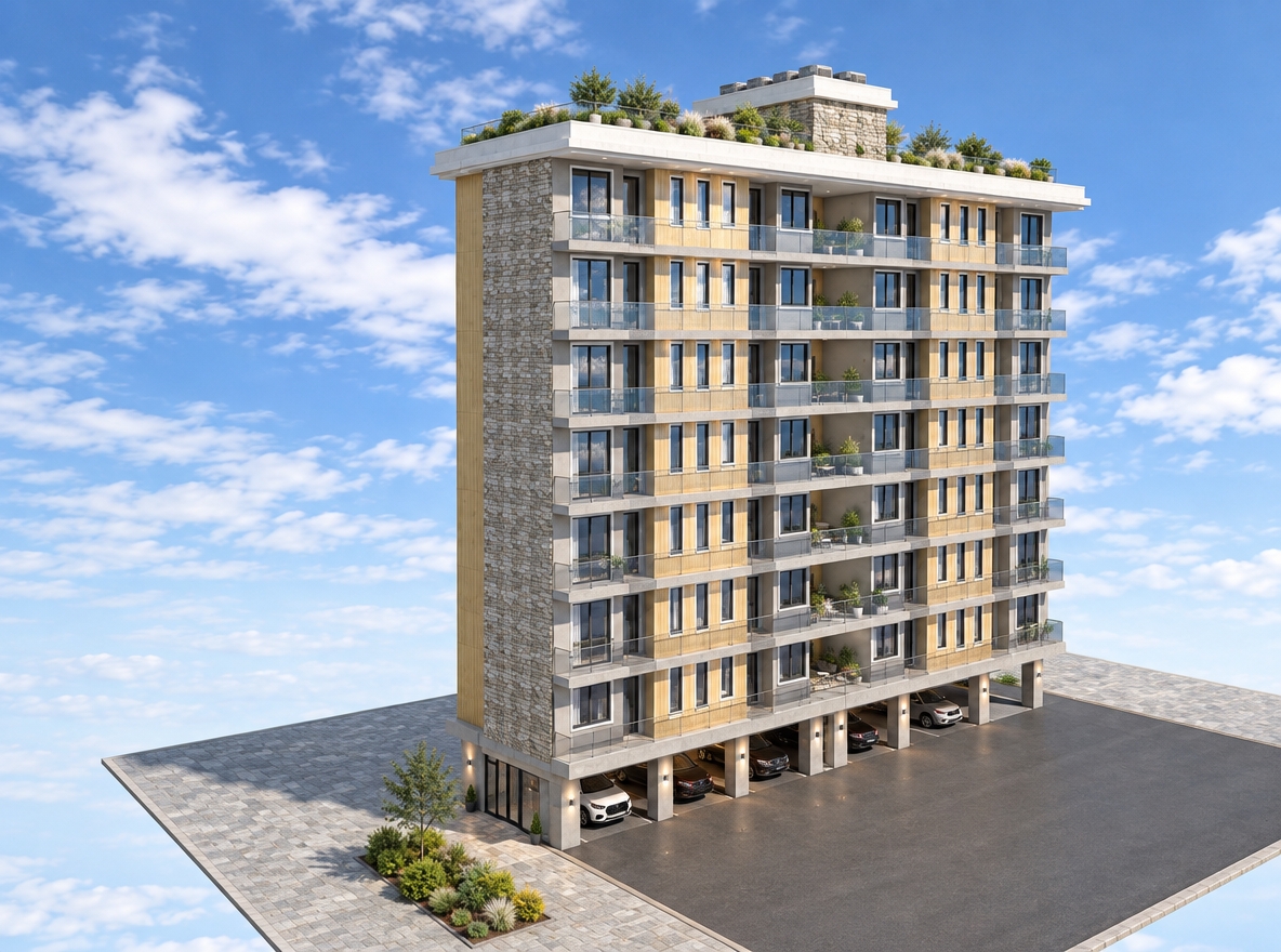 An incredibly lifelike, richly detailed, photorealistic wide-angle exterior shot of a modern apartment building set in a bright, expansive Scandinavian sanctuary under an open, cloud-swept sky. The scene is illuminated by crisp, natural daylight, creating an airy and inviting atmosphere. Captured with a 35mm lens, the image emphasizes the contrast between the rough-hewn stone facade and the smooth, light-toned cladding. The building’s ground level features an open, airy basement design supported by elegant, minimalist structural columns resting on a smooth tarmac surface, where a few sleek modern cars are parked. The base of the building and the entrance driveway are finished with sophisticated, natural stone paving that flows seamlessly into the surroundings. Lush, vibrant green plants and small shrubs thrive in a landscaped garden on the rooftop, softening the clean architectural lines, while a warm, inviting outdoor patio area transitions the indoor space to the exterior. The composition highlights the deep, rhythmic balconies with glass railings that mirror the vast blue horizon, resulting in a serene, high-end residential aesthetic.