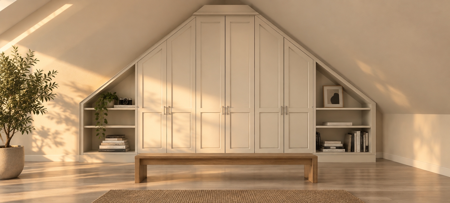 An incredibly lifelike, richly detailed, photorealistic interior shot of a bespoke attic storage solution set in a minimalist haven. The scene is illuminated by the soft, golden glow of a late spring sunset filtering through an unseen skylight, creating a serene, Zen-inspired atmosphere. Captured with a 35mm lens, emphasizing the crisp lines of the custom cabinetry and the subtle, tactile grain of the matte-painted woodwork.

The cabinetry is a masterclass in geometry, perfectly contouring the slanted eaves of the room with a clean, monochromatic palette of warm creams and soft off-whites. The central wardrobe doors feature elegant, shaker-style panels with slim, brushed-nickel hardware, flanked by symmetrical open shelving that holds a curated selection of photography books and a single piece of minimalist abstract wall art. Below the unit, a sleek, low-profile wooden bench sits against the floor, while a lush indoor potted plant sits to the side, casting a gentle, elongated shadow across the polished light-gray hardwood floors. The entire composition exudes a clutter-free, functional elegance, where every element feels intentional and perfectly balanced within the architectural frame.