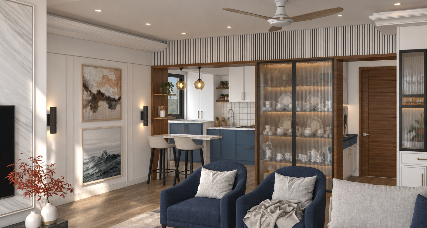 A realistic interior photograph capturing the exact room layout and composition in crisp, bright midday autumn daylight. Natural, cool-toned daylight filters through from the side, balanced by warm, subtle glows from the pendant lights above the breakfast bar and recessed ceiling fixtures. The deep blue upholstered armchairs feature natural fabric creases and soft texture, alongside a matte marble-patterned breakfast counter and smooth blue kitchen cabinetry. Realistic reflections appear across the fluted glass cabinet doors, the polished wooden door surfaces, and framed art behind non-glare glass. Captured on a 35mm lens with sharp architectural depth of field, balanced exposure, authentic surface micro-textures, and a faint film grain.