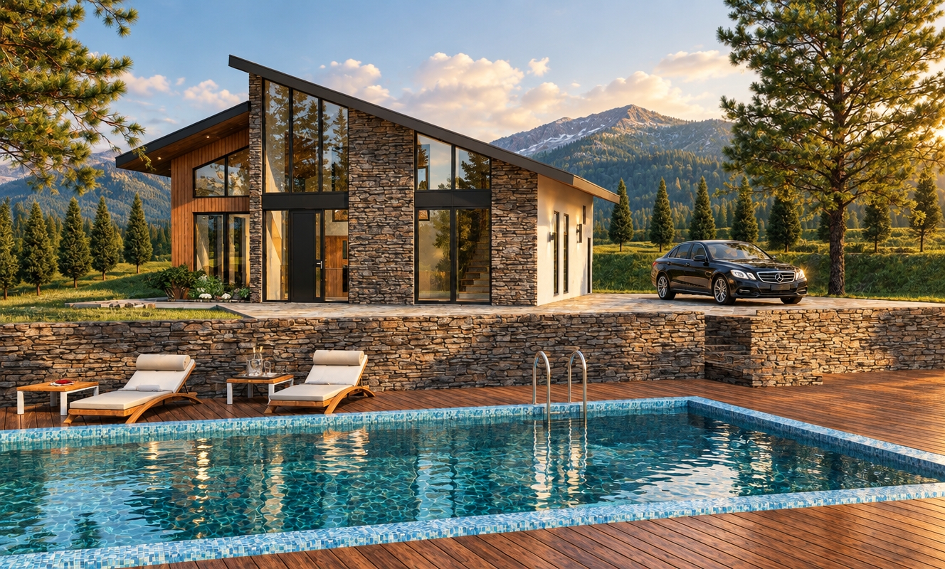 An incredibly lifelike, richly detailed, photorealistic wide-angle shot of a luxurious mountain retreat set in an alpine meadow. The scene is illuminated by the crisp, golden light of a late afternoon sun, creating a cozy and inviting atmosphere. Captured with a professional-grade 35mm lens, the rendering emphasizes the tactile interplay between the rugged stacked-stone facade, the vertical warmth of cedar timber siding, and the crystalline, turquoise depths of the infinity-edge pool. 

This mountain escape seamlessly blends rustic charm with modern architecture; the sleek, dark-framed floor-to-ceiling windows reflect the surrounding verdant pines and deep green hillsides. On the sprawling Ipe wood deck, elegant loungers with plush, neutral cushions invite relaxation, while the stone retaining wall provides a sturdy, natural boundary. In the background, a sleek black sedan rests on the driveway, suggesting a sophisticated getaway. The composition is masterfully balanced, leading the eye from the rhythmic, cooling blue of the water toward the cabin's striking mono-pitched roofline, evoking a sense of tranquil seclusion perfectly suited for an architectural photography book.