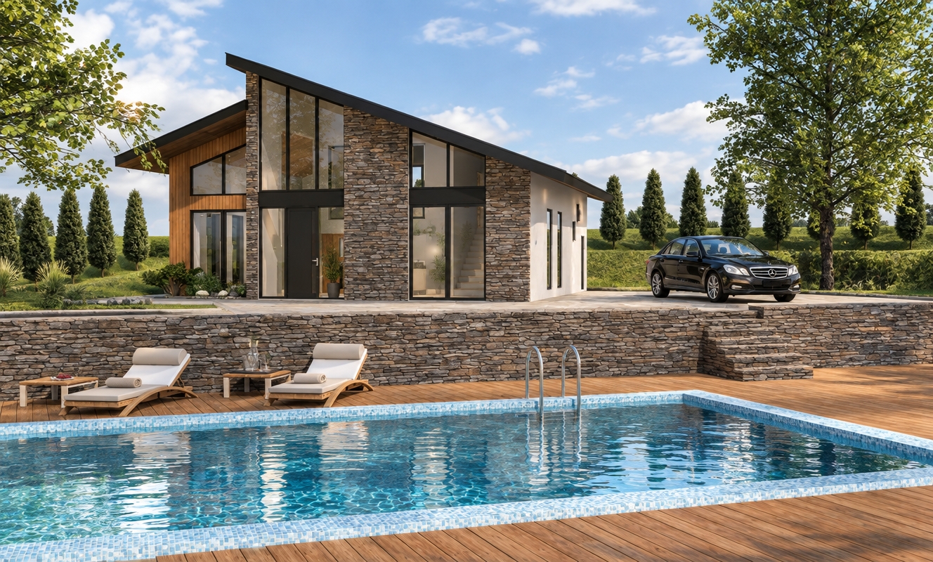 An incredibly lifelike, richly detailed, photorealistic eye-level exterior shot of a modern minimalist haven set in a lush, rolling hillside landscape. The scene is illuminated by the soft, diffused light of a mid-afternoon sun, creating a serene and zen-inspired atmosphere. Captured with a 35mm wide-angle lens, emphasizing the sharp contrast between the rugged, hand-laid natural stone cladding, smooth white rendered surfaces, and the warm, golden hues of the sprawling wooden deck.

This architectural masterpiece features a dramatic mono-pitched roof that peaks over a towering wall of floor-to-ceiling glass, blurring the lines between the interior’s elegant, uncluttered living space and the outdoors. The pool area serves as the focal point, where the shimmering, azure water reflects the clear sky, complemented by streamlined, minimalist lounging furniture in muted tones. The composition is balanced and orderly; a sleek black sedan sits poised on the elevated stone patio, while carefully curated indoor plants provide subtle hints of life through the glass facade. Every element—from the clean lines of the pool ladder to the refined textures of the stone retaining wall—exudes a sophisticated, functional elegance, capturing the essence of a tranquil, modern-day sanctuary.