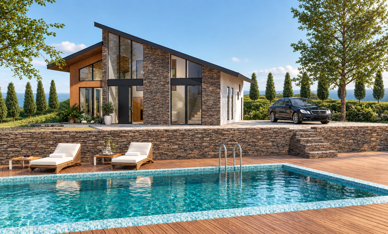 An incredibly lifelike, richly detailed, photorealistic wide-angle architectural exterior shot of a modern luxury retreat set in a sun-kissed, serene coastal landscape. The scene is illuminated by the crisp, golden light of a late morning, creating an airy, fresh, and inviting atmosphere. Captured with a 35mm lens, emphasizing the tactile textures of the rugged dry-stack stone facade, the smooth, weathered warmth of the poolside teak decking, and the crystalline, refractive surface of the turquoise infinity pool. 

The architecture features a bold, slanted roofline that creates a dramatic silhouette against a clear, expansive sky. The exterior palette of sandy neutrals, deep charcoal stone, and crisp white stucco exudes a relaxed, nautical sophistication. On the pool deck, refined wicker loungers with plush white cushions invite rest, accented by a small wooden side table holding a chilled glass, embodying a casual, beachy lifestyle. A sleek, black sedan sits parked on the upper terrace, adding a touch of modern convenience to the tranquil environment. Lush potted greenery frames the entry, while the shimmering water of the pool reflects the brilliant sun, creating a vibrant, vacation-like sanctuary that perfectly balances minimalist design with the organic beauty of its seaside surroundings.