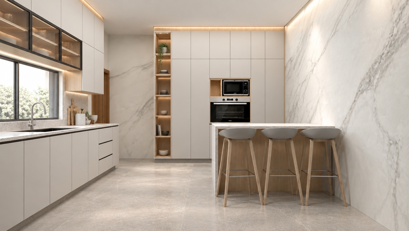 An incredibly lifelike, richly detailed, photorealistic interior shot of a minimalist kitchen set in a refined, modern residence. The scene is illuminated by soft, diffused daylight emanating from hidden LED strips and ambient sources, creating a serene and zen-inspired atmosphere. Captured with a 35mm wide-angle lens, emphasizing the seamless integration of matte off-white cabinetry, warm light oak accents, and expansive white marble wall cladding with delicate grey veining.

The composition centers on a streamlined, clutter-free galley layout where functionality meets elegance. A sleek kitchen island features a speckled composite countertop perched atop wooden legs, paired with three minimalist grey bar stools that invite quiet reflection. The floor is anchored by large-format, soft-grey stone tiles, grounding the monochromatic palette. Subtle touches of natural texture—the warmth of the oak shelving, the crisp stainless steel finish of the built-in oven, and the organic movement in the marble surfaces—create a harmonious, uncluttered sanctuary. The perspective emphasizes depth and clean vertical lines, resulting in a space that feels both highly curated and breathably open, perfectly suited for a high-end architectural photography book.