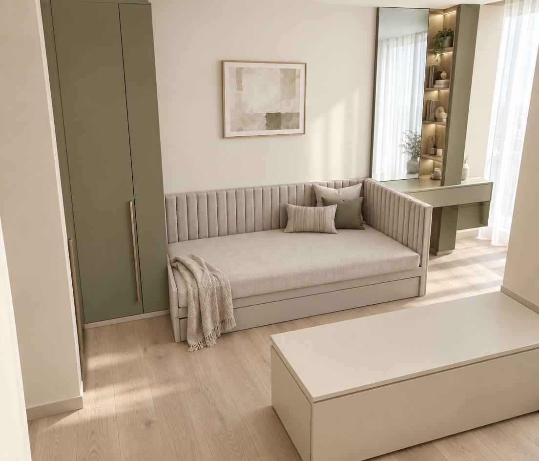 An incredibly lifelike, richly detailed, photorealistic interior shot of a bespoke bedroom suite set in a modern high-rise apartment. The scene is illuminated by soft, diffused midday light streaming through a sheer-curtained window, creating a serene and contemporary elegance. Captured with a 24mm wide-angle lens, emphasizing the clean lines and harmonious color palette of sage-toned cabinetry and warm cream-toned woodwork.

The composition centers on a custom-built daybed featuring vertical slat detailing, upholstered in a crisp, neutral linen. To the left, floor-to-ceiling sage green wardrobes with brushed metallic pulls provide a sophisticated storage solution that anchors the space. On the right, a custom vanity unit integrates seamless shelving with a tall, polished mirror, reflecting the gentle morning glow. The pale, bleached-oak wood flooring grounds the room in warmth, while the overall spatial arrangement feels perfectly balanced, blending functional cabinetry with an airy, minimalist aesthetic. The rendering captures the tactile quality of the matte lacquer finishes and the subtle grain of the wood, resulting in an atmosphere of refined, tranquil luxury.