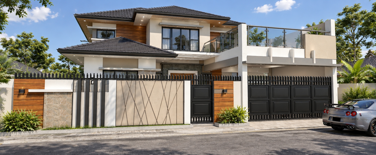 A crisp, eye-level architectural photograph taken under direct midday sunlight, casting sharp, defined downward shadows beneath the eaves, balconies, and perimeter gate. The scene retains the exact composition, structure, and materials: textured white and beige exterior plaster, authentic warm wood cladding, matte charcoal roof tiles, and semi-reflective glass railings on the upper terrace. The black powder-coated iron gates and boundary fencing feature subtle micro-scratches and metallic sheen, while the driveway and front sidewalk show realistic asphalt and paving stone textures with slight dust and wear. To the right, the sports car reflects the clear overhead daylight on its metallic paint and glass. Shot on a wide-angle lens with natural depth of field, balanced exposure, and accurate architectural colors.