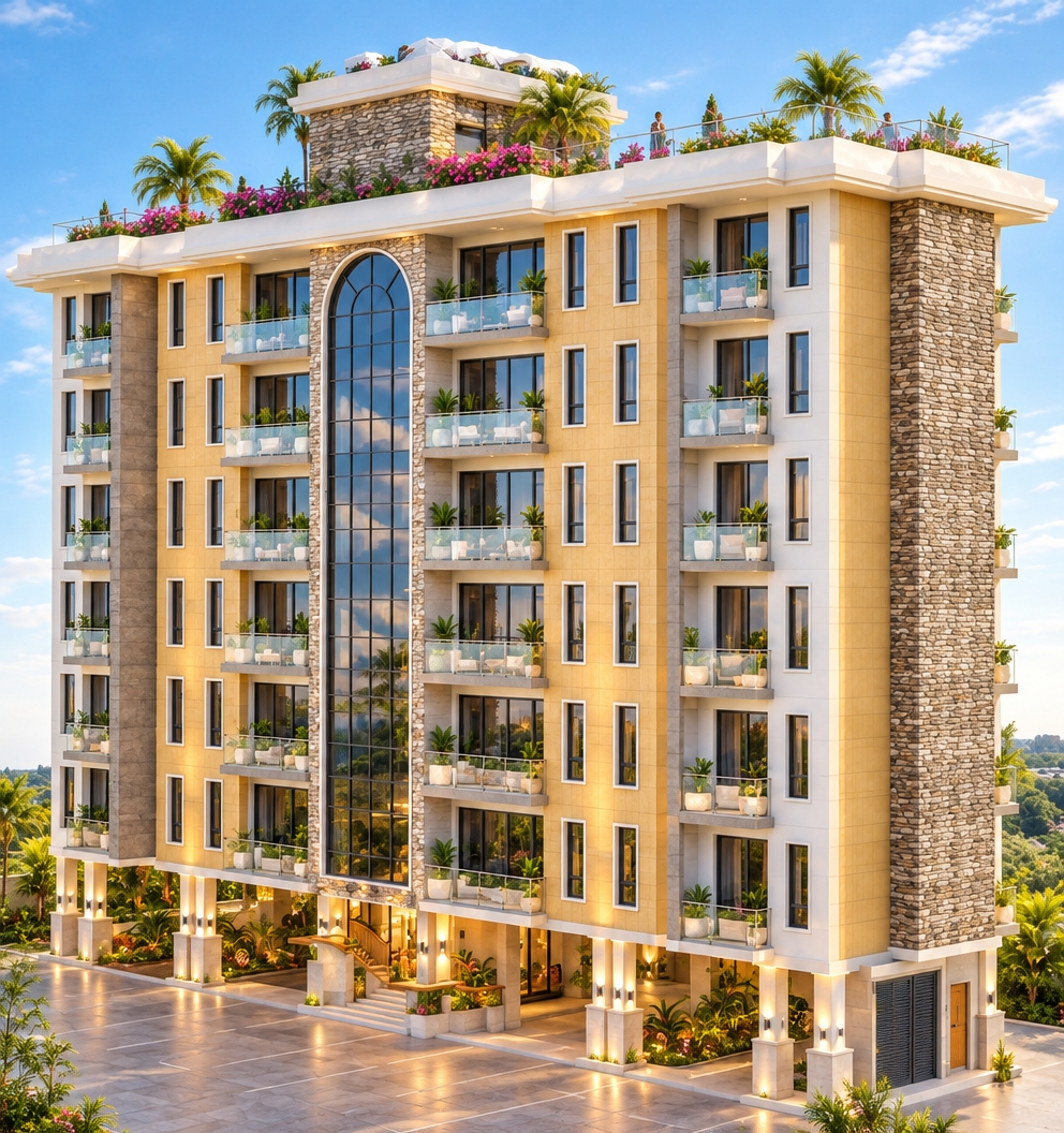 An incredibly lifelike, richly detailed, photorealistic wide-angle architectural exterior shot of a luxury boutique apartment residence set in a serene, sun-drenched coastal environment. The scene is illuminated by the crisp, golden-hour glow of a clear afternoon, casting soft, warm highlights across the building’s articulated facade and creating an inviting, minimalist haven atmosphere. Captured with a 35mm tilt-shift lens to ensure perfect vertical alignment, the image emphasizes the refined contrast between the rugged, hand-laid stone columns, smooth warm-toned cladding, and the expansive, floor-to-ceiling reflective glass. 

The ground level has been opened into a seamless, airy breezeway, clearing away all vehicle obstructions to reveal a lushly landscaped outdoor patio area with hidden ambient uplighting and polished stone pathways. Each private balcony is adorned with vibrant potted greenery and sleek glass railings, projecting a sense of tranquil, high-end living. The rooftop garden, crowned with swaying palms and blooming magenta bougainvillea, serves as a lush sanctuary against the backdrop of a vivid azure sky. The entire composition feels spacious and tranquil, showcasing the building as a harmonious blend of organic texture and modern architectural precision.