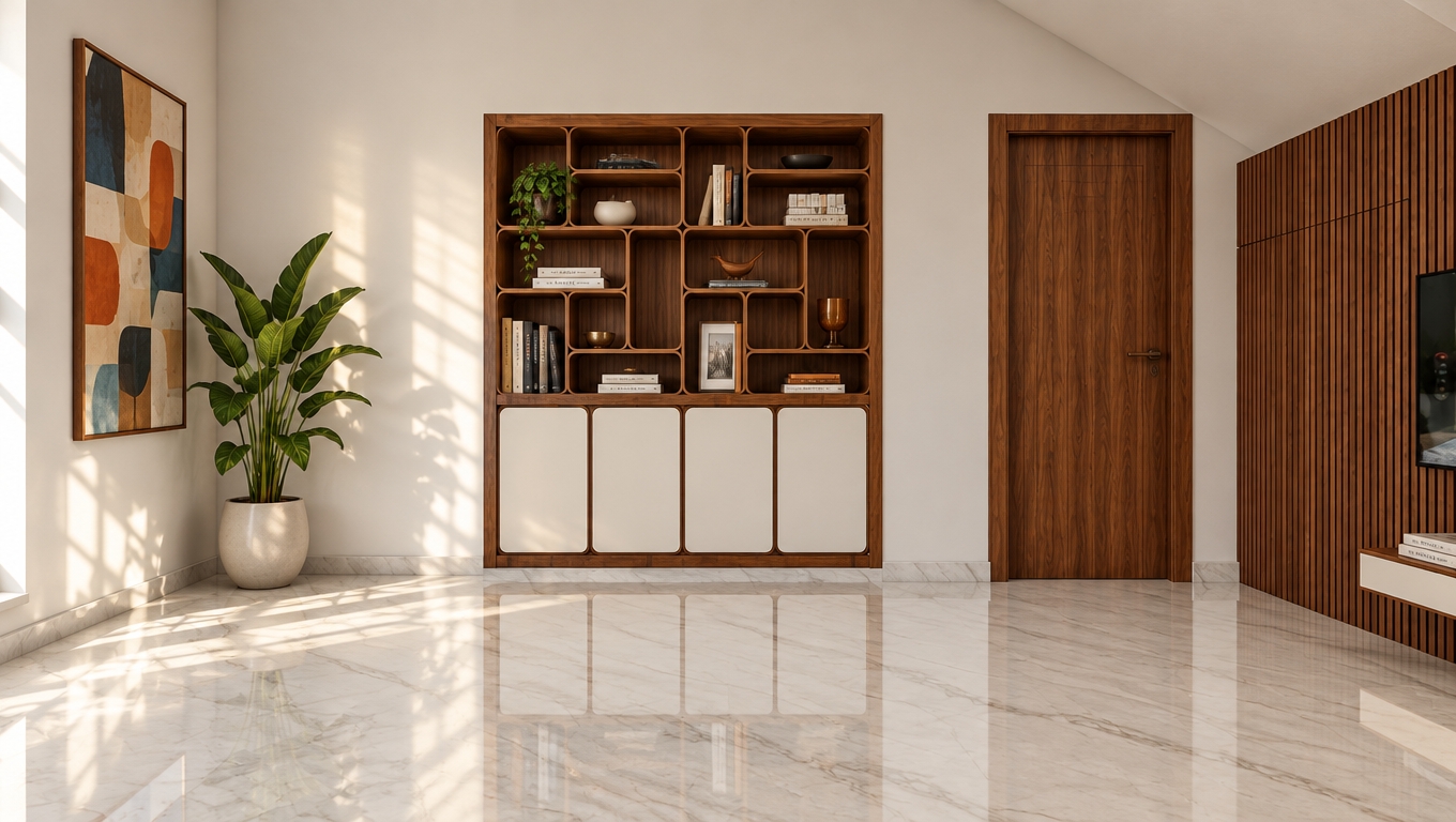 An incredibly lifelike, richly detailed, photorealistic interior eye-level shot of a minimalist mid-century modern living room set in a bright, airy home. The scene is illuminated by soft, natural midday light streaming in from an off-camera source, creating a serene and timeless atmosphere. Captured with a 35mm lens, emphasizing the high-gloss, vein-patterned white marble flooring that mirrors the intricate walnut cabinetry and the rhythmic vertical lines of the wall paneling.

The composition centers on a bespoke, organic-edged walnut shelving unit featuring rounded, soft-cornered cubbies that contrast beautifully with the crisp, clean white walls. Beneath the shelving, four sleek cabinet doors with a matte finish provide an uncluttered foundation. To the right, a floor-to-ceiling walnut door blends seamlessly into a wall of vertical timber slats, echoing the sophisticated, linear aesthetic. The space is styled with a curated, functional touch; a solitary photography book rests on a low-profile white media console, while vibrant abstract wall art featuring pops of muted blues and burnt oranges injects warmth into the earth-toned palette. A lush, leafy indoor plant tucked into a corner adds a final touch of organic vitality, completing a space that feels both iconic and effortlessly comfortable.