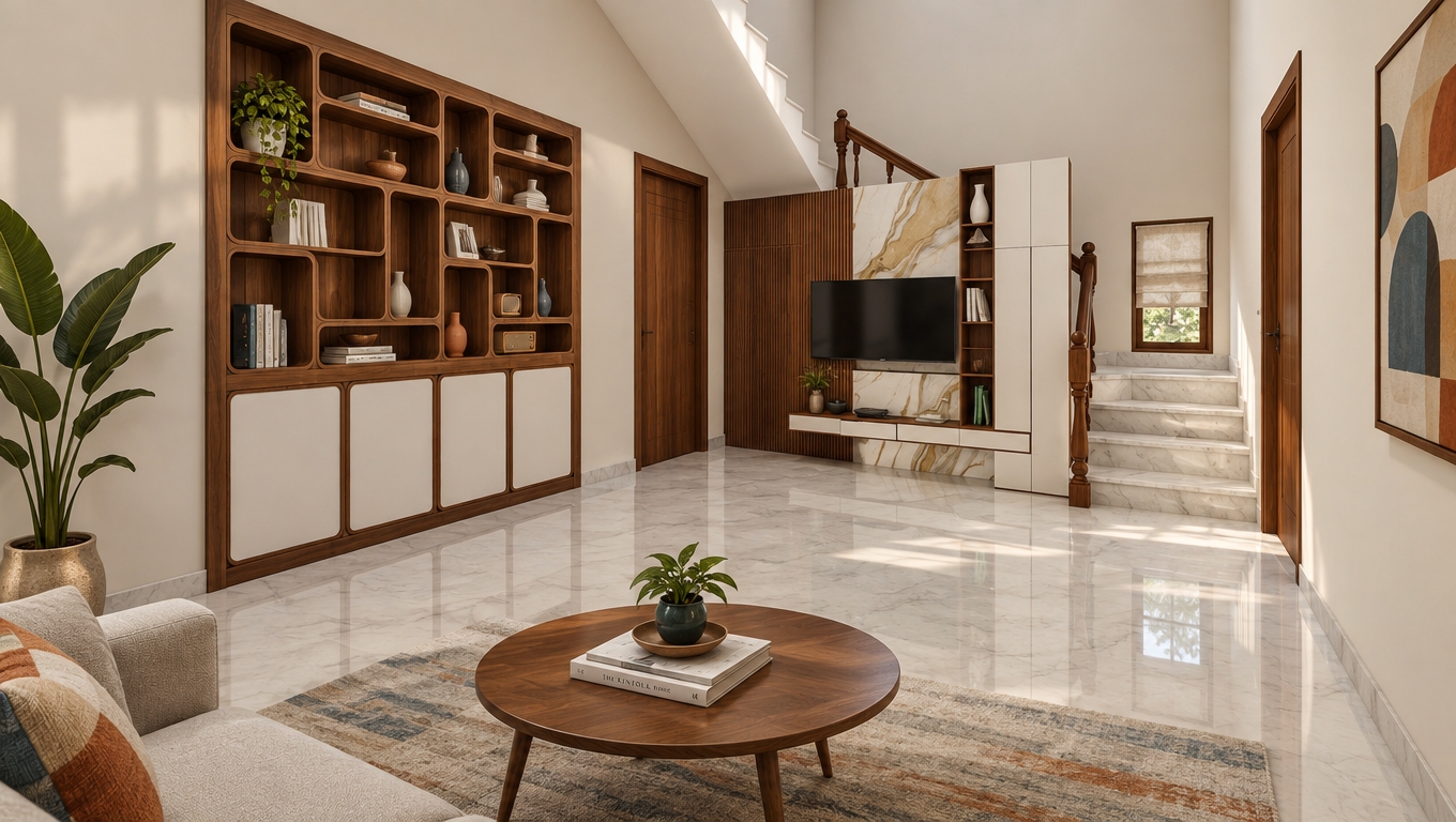 An incredibly lifelike, richly detailed, photorealistic interior shot of a sophisticated living room set in a modern home. The scene is illuminated by soft, diffused midday light streaming through the staircase window, creating a serene and timeless atmosphere. Captured with a 35mm wide-angle lens, emphasizing the rich, organic grain of the walnut cabinetry and the cool, reflective luster of the polished marble flooring.

This mid-century modern space is defined by its clean, linear geometry and an uncluttered, functional aesthetic. A bespoke walnut wall unit features intricate, rounded shelving filled with curated accents, while the media console integrates seamlessly with a striking slab of gold-veined marble. Earth tones, punctuated by hints of muted blues and warm oranges, define the palette, complemented by elegant teak woodwork. The composition is balanced and spacious, with sleek, clutter-free surfaces, a singular potted indoor plant for a touch of life, and abstract art pieces that anchor the space. The polished stone floor mirrors the warm wood textures, enhancing the depth and spatial harmony of this meticulously designed, comfortable retreat.