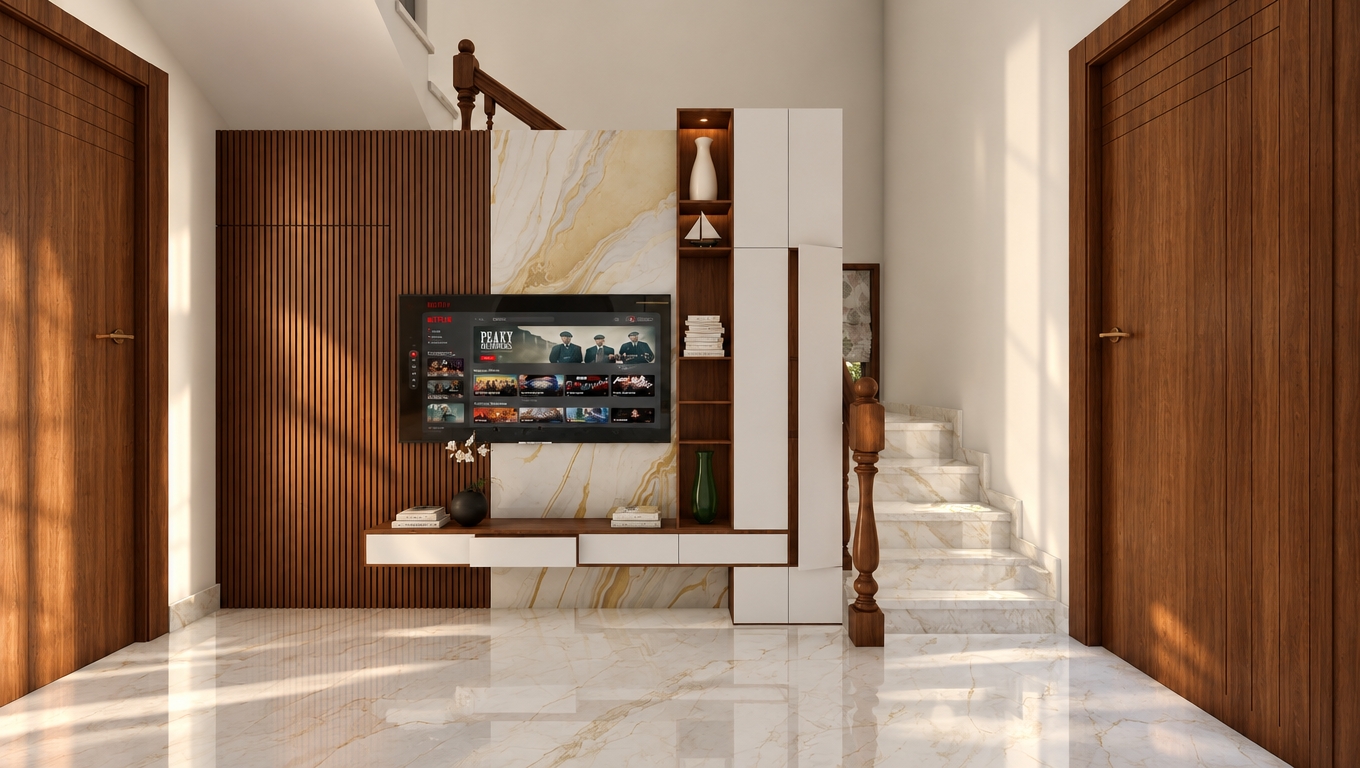 An incredibly lifelike, richly detailed, photorealistic interior shot of a sophisticated living room set in a modern home. The scene is illuminated by soft, natural midday light streaming in to highlight the warmth of the space, creating a serene and timeless atmosphere. Captured with a 35mm wide-angle lens, the composition emphasizes the clean lines of the custom media wall, which features a seamless blend of dark, vertical-slatted walnut wood paneling and a stunning Calacatta marble slab with organic, sweeping gold veining. 

The entertainment unit is remarkably sleek and functional, balancing deep earth tones with crisp, matte white cabinetry. A low-profile, floating white console keeps surfaces clutter-free, accessorized minimally with a small sculptural vase and a curated stack of photography books. To the side, the open shelving displays understated decor, including a delicate sailboat model and a muted green glass vase, echoing a mid-century modern sensibility. The polished white marble flooring reflects the ambient light, seamlessly leading the eye toward the classic timber staircase balustrade, which adds an organic, grounded element to the composition. The entire space exudes a refined, uncluttered, and comfortable elegance, perfectly capturing a harmonious balance between high-end architectural design and livable, functional warmth.