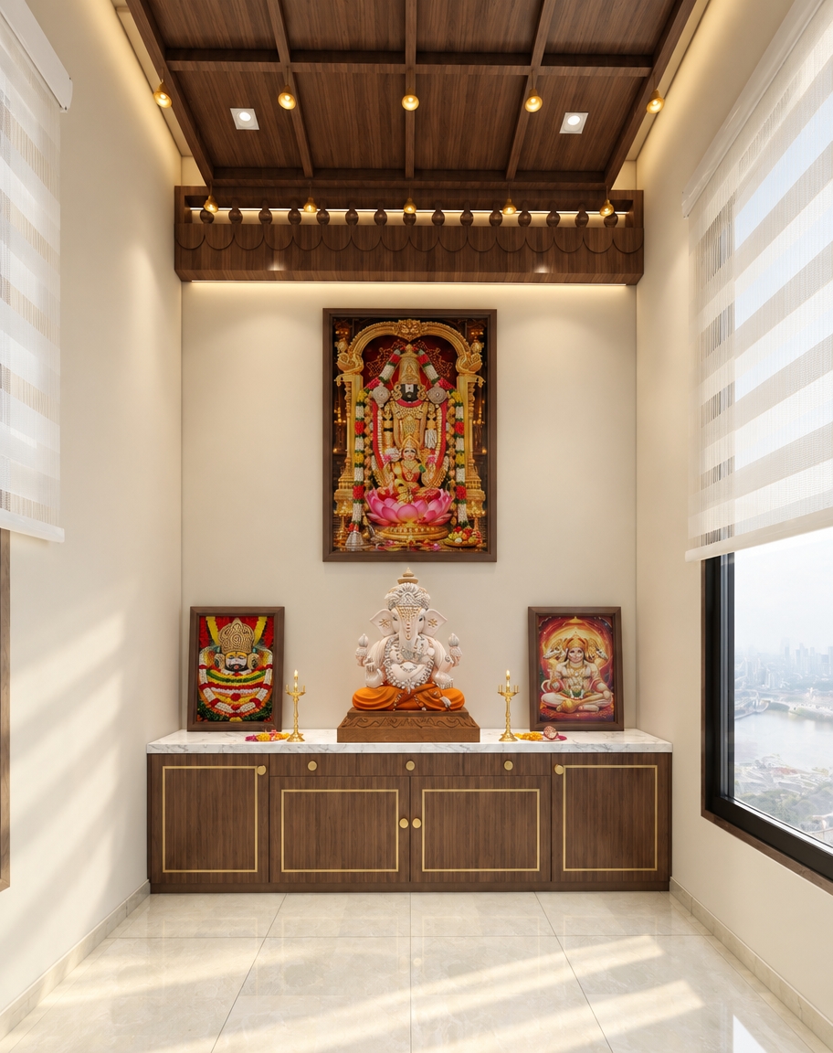 An incredibly lifelike, richly detailed, photorealistic interior shot of a serene home prayer room set in a high-rise urban apartment during a bright spring midday. The scene is illuminated by soft, diffused natural light filtering through sheer blinds, creating a peaceful, Zen-inspired atmosphere. Captured with a 35mm wide-angle lens, the image emphasizes the rich wood grain textures of the coffered ceiling and the sleek, minimalist cabinetry finished in warm walnut with delicate gold inlay.

The space is a minimalist haven, characterized by its uncluttered surfaces and streamlined aesthetic. A central altar features a finely sculpted Ganesha statue, flanked by vibrant, framed devotional art that contrasts beautifully against the clean, off-white walls. The marble countertop provides a cool, polished base for traditional brass oil lamps, while the floor consists of large-format, soft-toned tiles that ground the room in simplicity. Through the side window, a hazy, expansive view of a distant river and cityscape adds a layer of depth, grounding this meditative retreat within the bustling world outside. The composition is perfectly symmetrical, reflecting a balanced, modern elegance that prioritizes spiritual clarity through deliberate, minimal design.