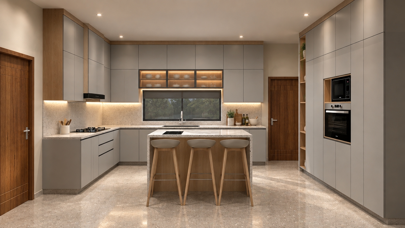 An incredibly lifelike, richly detailed, photorealistic interior shot of a minimalist kitchen haven set in an airy, contemporary home. The scene is illuminated by soft, recessed task lighting and a warm, atmospheric under-cabinet glow, creating a serene and zen-inspired atmosphere. Captured with a 35mm wide-angle lens, emphasizing the crisp lines of the matte-gray cabinetry and the tactile warmth of the natural wood accents.

This kitchen is a masterclass in streamlined, uncluttered design, where every element serves a functional purpose. The expansive island serves as a sculptural centerpiece, paired with elegant, tapered bar stools that ground the room’s monochromatic palette of soft grays and muted whites. The polished terrazzo-flecked countertops provide a subtle, refined texture that contrasts beautifully against the rich, vertical grain of the dark wooden doors flanking the space. With its clutter-free surfaces and intentional, minimal decor, the kitchen embodies an elegant, modern aesthetic, enhanced by the deep, inviting shadows that suggest a quiet, tranquil time of day.
