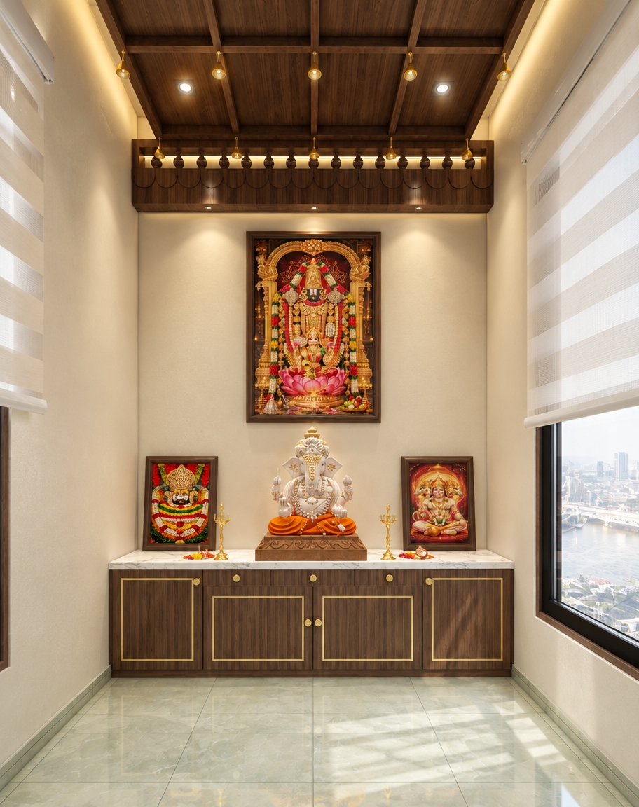 An incredibly lifelike, richly detailed, photorealistic eye-level shot of a serene home sanctuary set in a high-rise urban apartment. The scene is illuminated by soft, diffused midday summer light filtering through semi-translucent blinds, creating a tranquil and meditative atmosphere. Captured with a 35mm wide-angle lens, emphasizing the crisp contrast between the warm, tactile walnut wood grain and the clean, polished white marble countertop.

The design embodies a modern fusion aesthetic, marrying traditional spiritual elements with sleek, contemporary architecture. At the heart of the space, an intricately detailed Ganesha idol sits atop a smooth marble slab, flanked by vibrant, high-definition devotional portraits in minimalist frames. Above, a coffered wooden ceiling with integrated warm LED strip lighting and recessed downlights adds a geometric, architectural depth to the room. To the right, a floor-to-ceiling window reveals a sweeping, abstract view of a city riverfront, connecting the quiet interior to the dynamic urban landscape. The room is grounded by large-format, pale jade-toned floor tiles that enhance the clean, open-concept feel, perfectly balancing industrial-inspired structural lines with soulful, minimal decor.