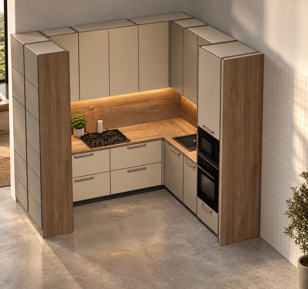An architectural isometric photograph of the modern kitchen alcove, faithfully preserving the exact perspective, geometry, and layout. Warm 3000K concealed LED under-cabinet task lighting evenly illuminates the wood-grain countertop and matching backsplash, balanced by soft ambient interior light. The beige cabinet fronts display a realistic smooth matte finish, paired with tactile wood grain on the tall side panels and authentic brushed metal hardware. Minimal, tasteful countertop styling includes a small wooden cutting board, a ceramic condiment bottle, and a mini potted herb placed organically on the counter. The cast-iron cooktop, black glass oven, and concrete floor exhibit authentic micro-textures, soft contact shadows, faint specular reflections, and natural optical depth.
