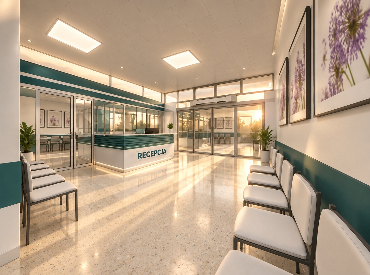 An incredibly lifelike, richly detailed, photorealistic interior perspective of a modern medical reception area set in a clinical yet serene environment. The scene is illuminated by the soft, golden-hued light of a summer sunset filtering through high windows, creating a peaceful, minimalist haven. Captured with a wide-angle 24mm lens, emphasizing the crisp lines of the sleek white reception desk and the subtle, speckled terrazzo flooring.

The atmosphere is one of functional elegance, defined by a monochromatic palette of crisp whites and soft, professional teal accents that ground the space. Minimalist, streamlined seating is arranged with intentional precision, mirroring the uncluttered, Zen-inspired layout. On the walls, large-scale abstract floral art adds a touch of organic softness to the clinical setting, complemented by a few strategically placed indoor plants that breathe life into the sterile environment. Every surface, from the smooth glass partitions to the brushed metal frames, glows under the ambient twilight, reflecting a sense of order and sophisticated calm.