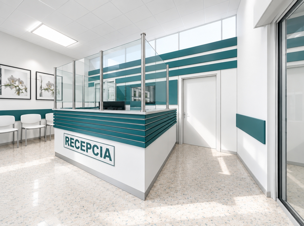 An incredibly lifelike, richly detailed, photorealistic interior shot of a clinical medical reception area set in a modern professional facility. The scene is illuminated by crisp, diffused midday light, creating a serene, sterile, and calming atmosphere. Captured with a wide-angle lens, emphasizing the clean lines and crisp textures of the sleek, functional architecture.

The centerpiece is a streamlined reception desk featuring deep teal horizontal paneling that contrasts against a pristine white base, with the word "RECEPCIA" rendered in bold, modern typography. The desk is protected by a sophisticated, transparent glass security partition held by polished metal stanchions. The walls, finished in a clean white palette, are accented by matching teal decorative strips and elegant floral-themed abstract wall art, maintaining a minimalist and uncluttered aesthetic. The flooring consists of high-durability, speckled light-toned composite, reflecting the natural light that fills the space. To the left, a series of minimalist, functional chairs await patients, set against a quiet backdrop of Zen-inspired simplicity. The overall composition is balanced and spacious, reflecting an environment designed for efficiency and peace of mind.