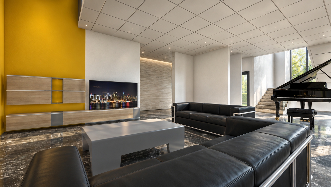 An incredibly lifelike, richly detailed, photorealistic wide-angle interior shot of a contemporary living room set in a luxurious, high-ceilinged modern residence. The scene is illuminated by soft, natural midday spring sunlight filtering through expansive windows, creating a serene and airy atmosphere. Captured with a 24mm wide-angle lens, emphasizing the crisp contrast between the vibrant saffron-yellow feature wall, the deep, lustrous black marble flooring, and the minimalist monochromatic palette of the furniture.

The room is a minimalist haven, defined by its uncluttered, streamlined surfaces and elegant, functional design. A sleek, low-profile modular entertainment unit with light oak wood and brushed metal accents sits against the bold yellow wall, perfectly balancing the dark, structured black leather sofas that anchor the living area. A minimalist matte-gray coffee table centers the space, while in the corner, a polished grand piano stands as a sculptural centerpiece. The ceiling features a subtle, geometric grid pattern that adds architectural depth, leading the eye toward the open-plan staircase and hints of a lush, bright green outdoor terrace beyond. The environment is impeccably curated, appearing as if pulled from the pages of a high-end photography book, with clean lines, negative space, and refined textures that evoke a sense of quiet, Zen-inspired sophistication.
