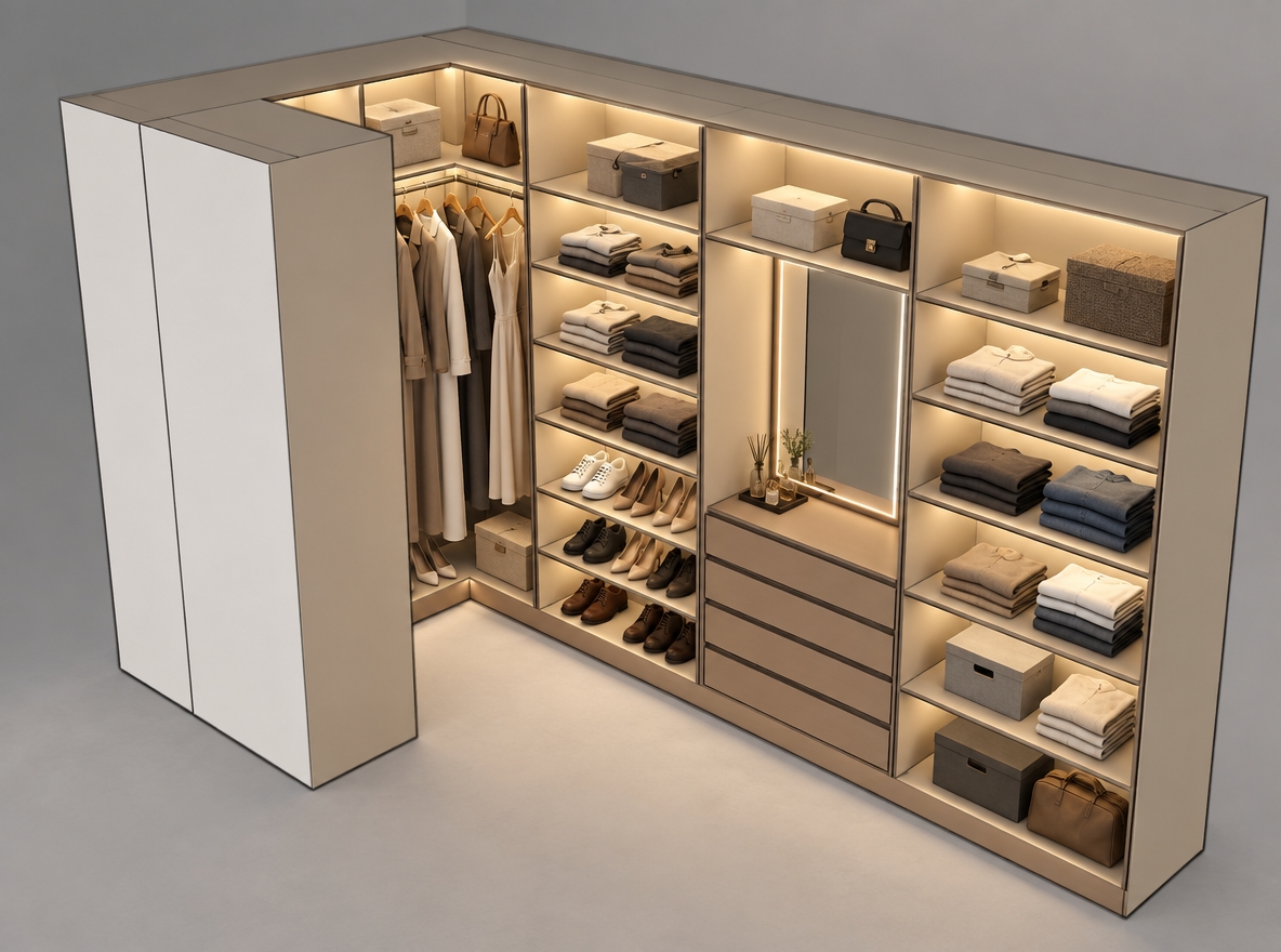 ويكون تصميم داخل غرفه ملابس اضافه اضاءه  ويكون تصميم بنفس الاسلوب الموجود واضافه ملابس طويله واضافه ملابس  في الارفف