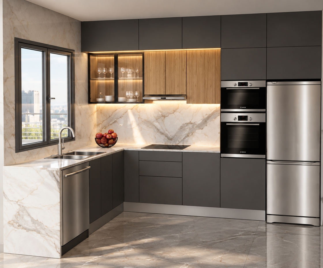 An incredibly lifelike, richly detailed, photorealistic eye-level interior shot of a contemporary kitchen set in an airy, high-end urban apartment. The scene is illuminated by warm, diffused LED strip lighting concealed beneath the upper cabinetry and glowing softly from within the glass-fronted wood-grain cabinets, creating a sophisticated and inviting atmosphere. Captured with a 35mm lens, the rendering emphasizes the cool, high-contrast textures of the veined Calacatta marble backsplash and countertop which cascade down the side panel, perfectly balanced by the matte charcoal cabinetry. The interplay between the organic vertical oak wood grain of the upper accents and the gleaming stainless steel of the integrated oven stack and appliances adds a layer of curated luxury. Depth of field is expertly managed to draw the eye toward the glowing display cabinet, while soft, ambient morning light filters through the window, casting gentle highlights on the polished surfaces and reflecting off the sleek sink fixtures, resulting in a composition that feels both functional and gallery-like.