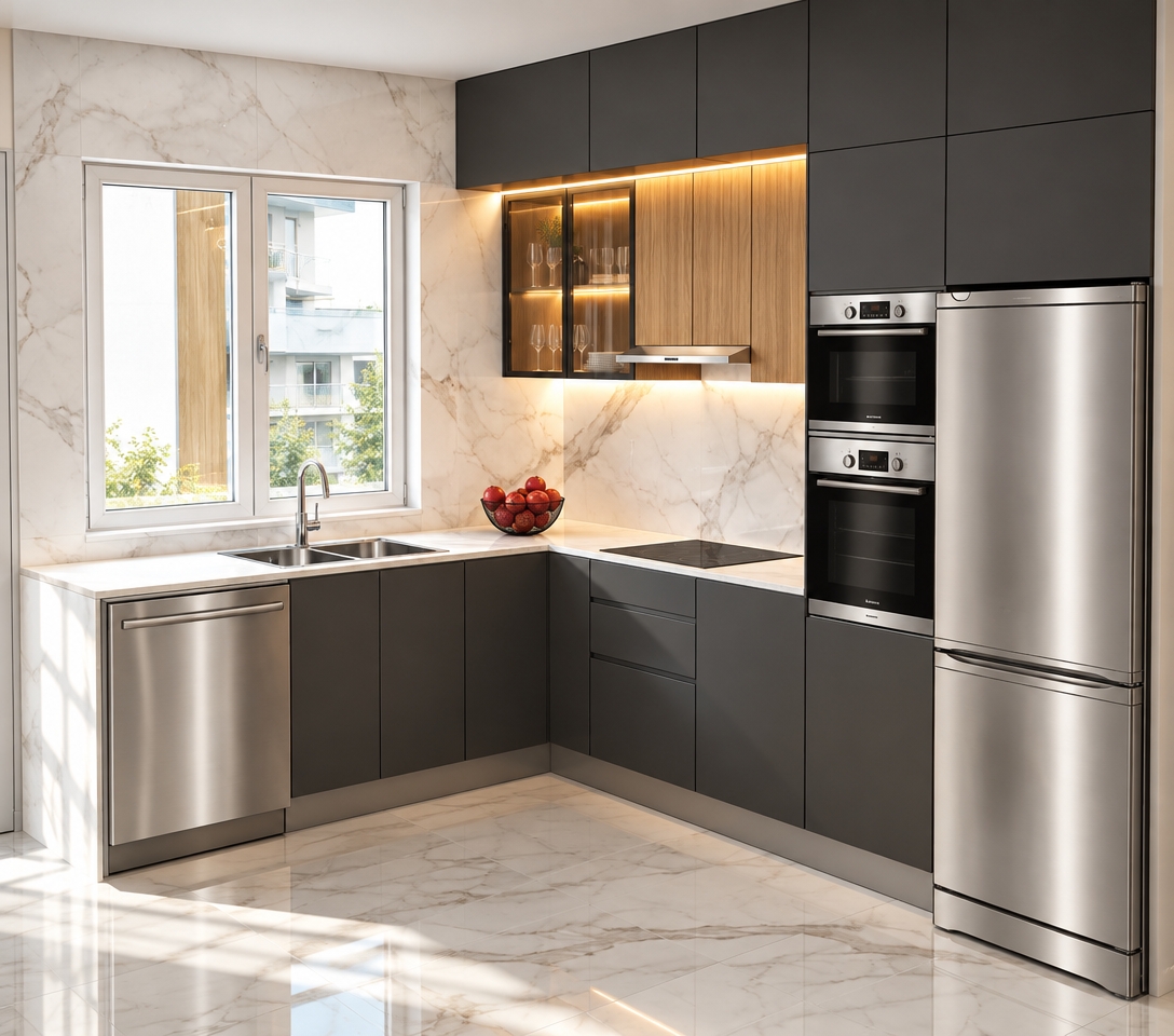 An incredibly lifelike, richly detailed, photorealistic eye-level shot of a contemporary L-shaped kitchen set in a bright, modern apartment. The scene is illuminated by soft, natural daylight streaming through the crisp window, complemented by warm, integrated LED strips glowing from beneath the upper cabinetry and radiating from within the glass-fronted wood-grain cabinets, creating a sophisticated and inviting atmosphere. Captured with a 35mm lens, emphasizing the sharp contrast between the charcoal grey matte cabinetry and the luxurious, polished white Calacatta marble backsplash and flooring. The composition highlights the seamless integration of professional-grade stainless steel appliances—including a double oven and refrigerator—nestled beside elegant wood-textured accents. Reflections dance off the polished faucet and stainless dishwasher, while a curated bowl of ripe red apples provides a vibrant pop of color, grounding the sleek, minimalist design in a lived-in, domestic luxury.