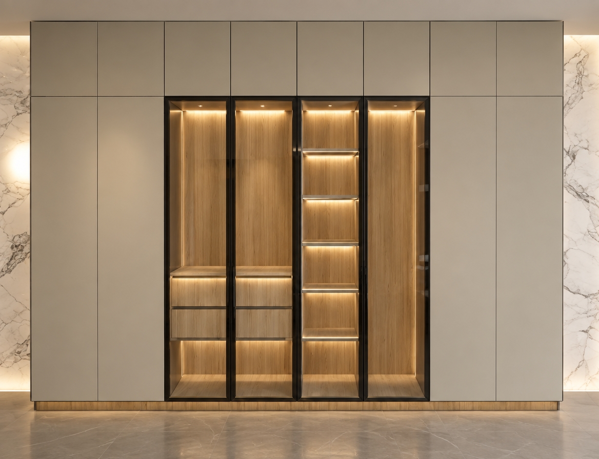 An incredibly lifelike, richly detailed, photorealistic interior shot of a sophisticated walk-in closet set in a contemporary luxury suite. The scene is illuminated by integrated, warm-toned LED strip lighting recessed into the frame of the central cabinetry, creating a refined and high-end atmosphere. Captured with a 35mm lens, emphasizing the tactile contrast between the smooth, matte greige lacquer of the surrounding floor-to-ceiling storage and the natural, vertical grain of the light oak interior. The composition centers on a four-door glass display system featuring sleek, matte black metal profiles that frame the internal shelving and soft-close drawers. To the left and right, the walls are clad in exquisite white Calacatta marble with subtle grey veining, reflecting a soft ambient glow. The entire unit sits upon a refined wooden base, grounding the structure in warmth, while the depth of field draws the eye into the intricate, organized wooden interiors, highlighting the seamless fusion of functional storage and modern aesthetic elegance.