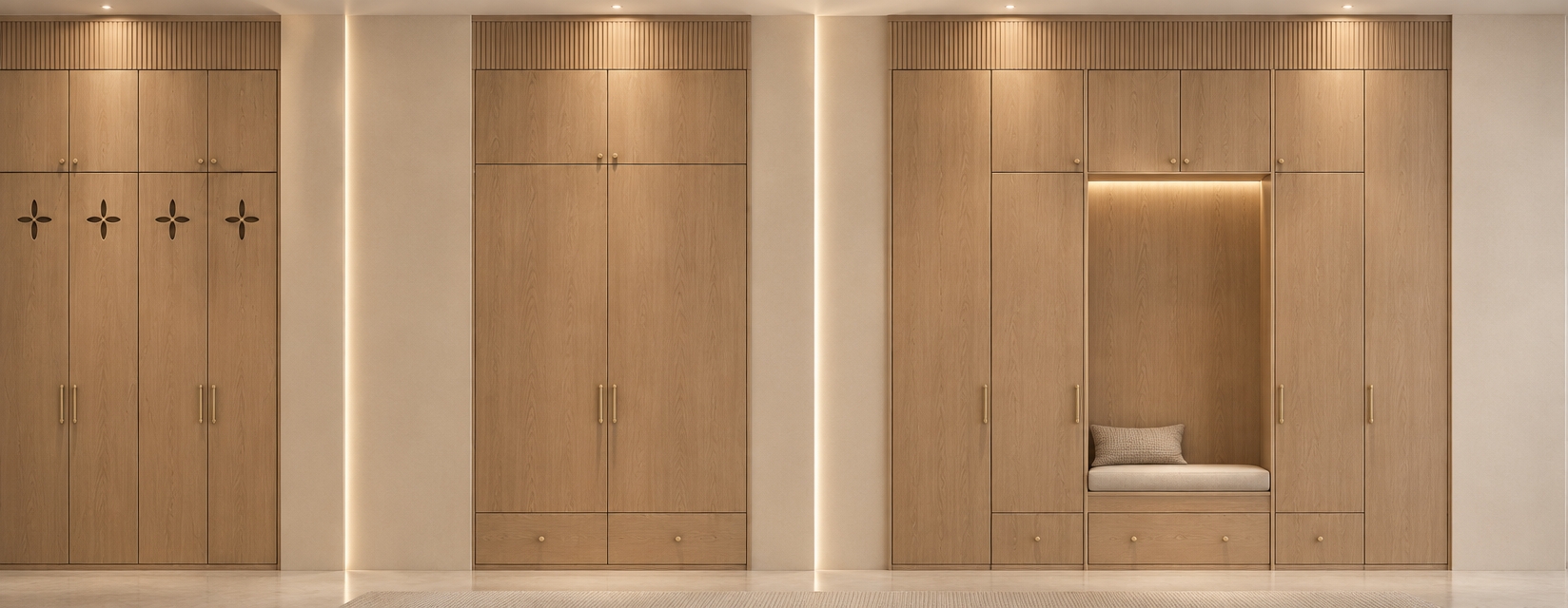 An incredibly lifelike, richly detailed, photorealistic wide interior shot of a bespoke custom wardrobe suite set in a serene, minimalist walk-in closet haven. The scene is illuminated by soft, warm recessed spotlights and subtle integrated LED wash lighting, creating a tranquil, sophisticated atmosphere. Captured with a full-frame camera and a 24mm tilt-shift architectural lens, emphasizing the elegant organic grain of 3039 Delphi Oak, delicate millwork, and seamless matte finishes. Across the beautifully organized room, the first elevation showcases tall Delphi Oak cabinetry adorned with delicate floral motif cutouts on the main door faces, crowned by tactile vertically fluted upper soffit panels and slim brushed brass hardware. Adjacent, the second elevation features a clean two-door wardrobe resting over smooth push-to-open bottom drawers, accented with matching fluted top cabinets reaching the high ceiling. Anchoring the third elevation is a cozy, built-in central dressing bench with an integrated wide pull-out drawer beneath, flanked by symmetrical tall storage columns and topped with seamless fluted bridge cabinetry, completing an impeccably tailored, luxurious sanctuary.