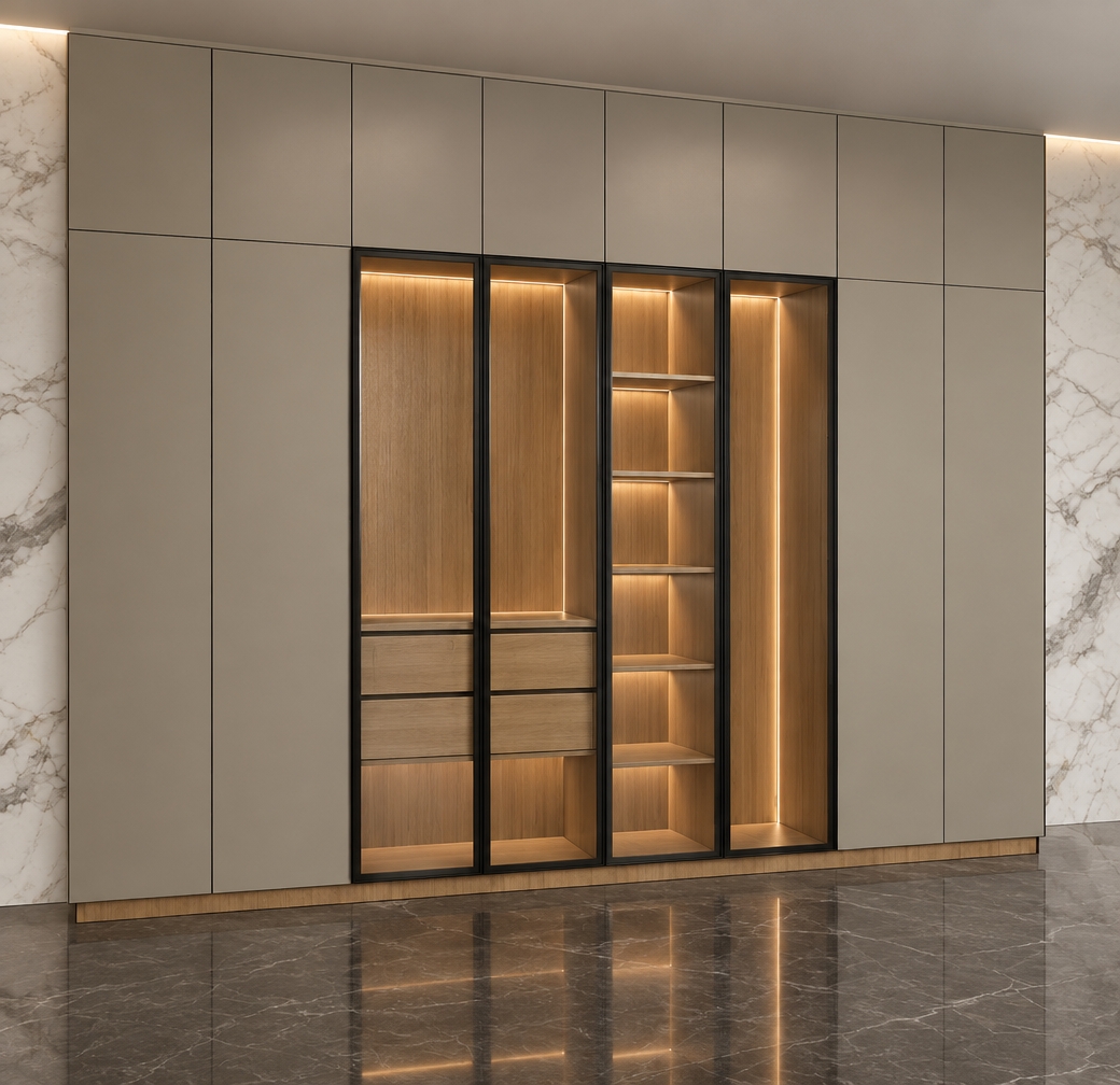 An incredibly lifelike, richly detailed, photorealistic interior shot of a bespoke walk-in closet set in a contemporary luxury suite. The scene is illuminated by soft, integrated linear LED lighting that glows warmly from within the cabinetry, creating a sophisticated and inviting atmosphere. Captured with a 35mm lens, emphasizing the crisp contrast between the matte greige lacquered panels and the rich, vertical grain of the internal wood finishes.

The composition centers on a floor-to-ceiling wardrobe unit where the four central glass-fronted doors act as a dramatic display gallery. These doors, framed in sleek, matte black aluminum, reveal a meticulously organized interior featuring a refined oak texture, punctuated by smooth-sliding drawers and perfectly spaced shelving. The entire unit sits atop a subtle wooden base plinth, grounded against a backdrop of sweeping Calacatta marble wall cladding and a polished dark stone floor that reflects the subtle glow of the cabinet lights. The balance of warm wood tones, cool marble, and the clean geometric lines of the cabinetry exudes a sense of modern, high-end tranquility.
