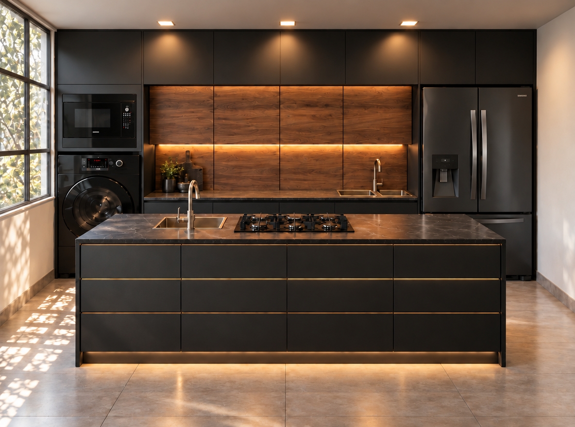 An architectural photograph of the modern kitchen maintaining the exact geometry, perspective, and composition of the original scene. The matte black cabinetry exhibits a soft-touch, tactile finish with subtle micro-textures, while the walnut wood paneling displays rich, organic grain variations. Honed dark stone countertops reflect the warm, integrated 2700K LED accent lighting and the ambient daylight softly diffusing from the left window. Shot with a 35mm tilt-shift lens, the image features balanced exposure, realistic light falloff, gentle surface reflections on appliances, and subtle lens vignetting to ensure authentic photorealism.
