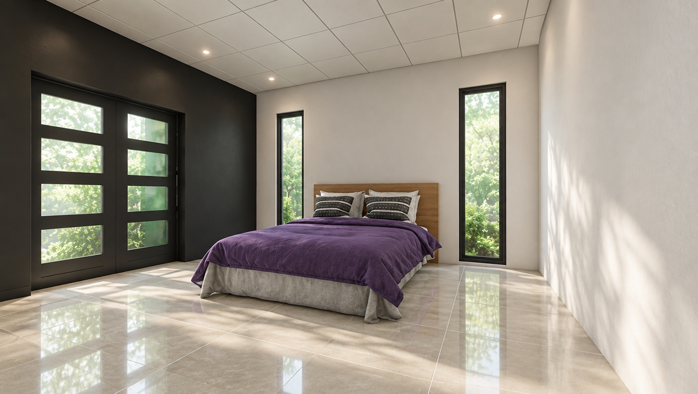 An incredibly lifelike, richly detailed, photorealistic interior shot of a contemporary master bedroom set in a luxury minimalist residence. The scene is illuminated by soft, diffused midday spring light, creating a serene and sophisticated atmosphere. Captured with a 35mm wide-angle lens, emphasizing the crisp geometry of the space and the interplay between deep charcoal accents and warm, neutral tones. 

The room is defined by a refined color palette of pearl and champagne hues, anchored by a striking accent wall in a matte, obsidian finish that provides a dramatic contrast to the clean-lined white surfaces. The central focus is a plush, low-profile platform bed draped in a rich, violet-toned textile that adds a subtle touch of color to the otherwise monochromatic space. Slim, black-framed floor-to-ceiling windows cast a soft, ethereal green tint from the lush spring foliage outside, while the floor consists of large-format polished stone tiles that reflect the subtle, diffused illumination. The ceiling features a subtle grid pattern that enhances the linear, architectural aesthetic, and the overall composition feels perfectly balanced, blending understated modern elegance with polished, high-end materials.