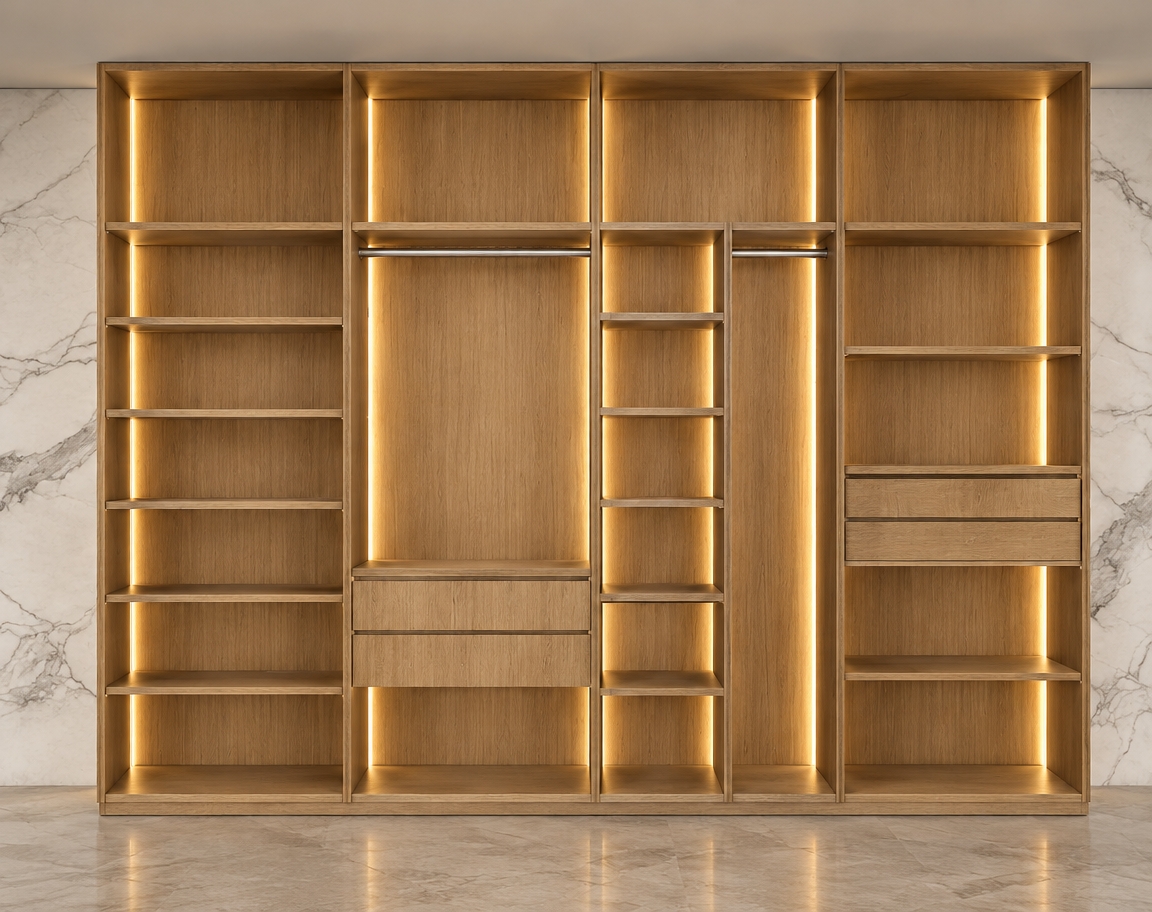 An incredibly lifelike, richly detailed, photorealistic interior shot of a bespoke walk-in closet set in a contemporary luxury residence. The scene is illuminated by warm, integrated LED profile lighting recessed vertically into the millwork, creating a sophisticated and inviting atmosphere. Captured with a 35mm lens, emphasizing the fine vertical grain of the rift-sawn white oak cabinetry contrasted against the cool, sweeping veins of white Calacatta marble wall cladding. The composition is perfectly symmetrical, showcasing an intricate organizational system of open shelving, dedicated hanging rods with subtle brushed-nickel finishes, and precision-fitted drawers. The soft, diffused glow from the hidden LEDs casts gentle, intentional shadows within the compartments, highlighting the organic texture of the wood and the clean, modern lines of the custom joinery, evoking a sense of high-end, gallery-like organization.