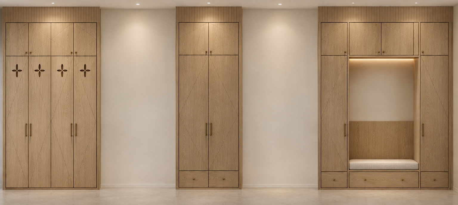 An incredibly lifelike, richly detailed, photorealistic wide-angle interior photograph of a custom modular wardrobe suite set in a serene, minimalist walk-in closet haven. The scene is illuminated by soft, diffused recessed ceiling lights and warm integrated LED strip lighting, creating a calm, luxurious, and inviting atmosphere. Captured with a 35mm architectural lens at eye level with deep depth of field, emphasizing the tactile vertical grain of the 3039 Delphi oak finish and crisp geometric craftsmanship. Across the sequence, each unit is crowned with a refined, vertically fluted oak pelmet: the first four-door wardrobe features delicate geometric diamond reliefs and elegant four-petal flower cutouts with rich, solid wood-finished internal edges; the second two-door unit integrates smooth base drawers beneath full-height doors; and the third elevation frames a cozy built-in dressing bench niche set above low-profile drawers, with the alcove's back wall split artfully between smooth, neutral matte paint above and a tailored Delphi oak backrest below, all resting on soft, seamless micro-cement flooring.