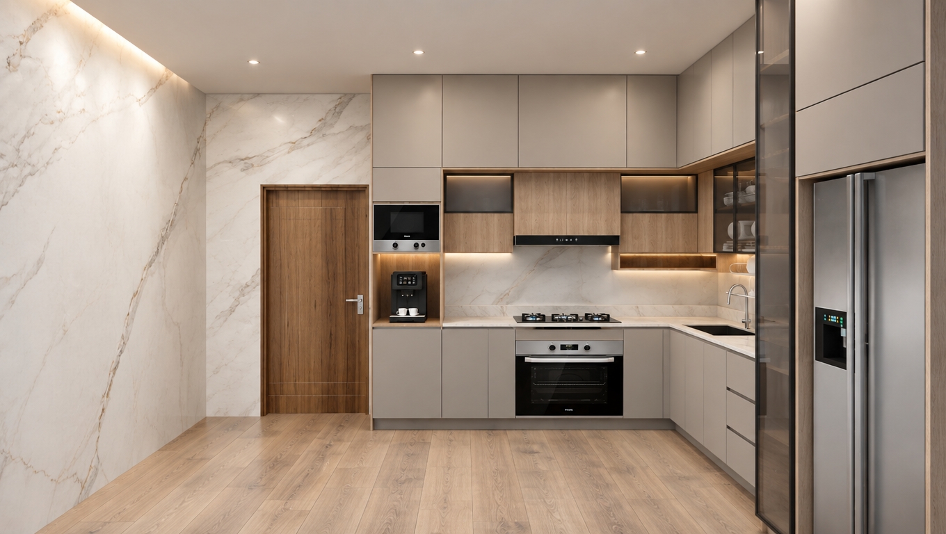 An incredibly lifelike, richly detailed, photorealistic interior shot of a minimalist kitchen set in a serene, high-end residence. The scene is illuminated by soft, diffused ambient light, creating a calm and uncluttered atmosphere. Captured with a wide-angle 24mm lens, the image emphasizes the seamless transition between the dramatic white Calacatta marble-clad feature wall and the warm, wood-grain floor planks. The cabinetry showcases a sophisticated palette of matte greige and natural oak, with streamlined, handle-less doors that embody a zen-inspired functionality. Sleek, integrated stainless steel appliances, including a built-in espresso machine and a professional-grade oven, are set perfectly flush within the cabinetry, maintaining the clean lines of the space. Every surface is pristine and clutter-free, highlighting the thoughtful balance between modern geometric forms and the organic warmth of the wood elements, resulting in a space that feels both elegant and deeply tranquil.